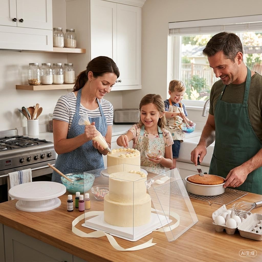 30 Pack 10 Inch Clear Cake Boxes - Bulk Premium PET Tall Cake Containers with Ribbon and White Base, Disposable Cake Carrier for Commercial Bakers