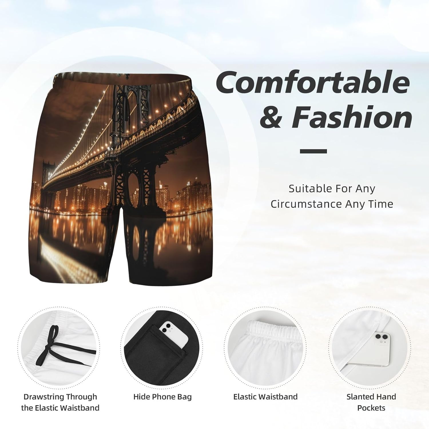 Men's Swim Trunks 2 in 1 Quick Dry Bathing Suits New York Manhattan Bridge Night Beach Board Shorts Swimwear