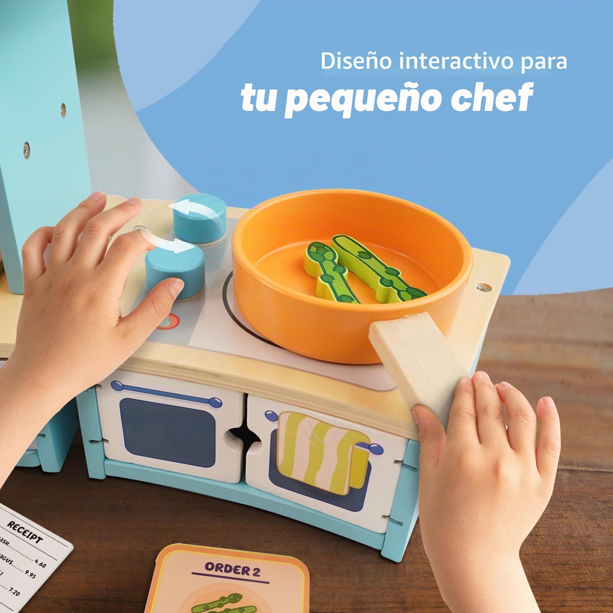 Bluey Juego de mesa para restaurante, cocina de madera para niños con horno, fregadero, nevera y accesorios de cocina, juguete de madera certificado FSC para juegos de rol imaginativos, a partir de 3