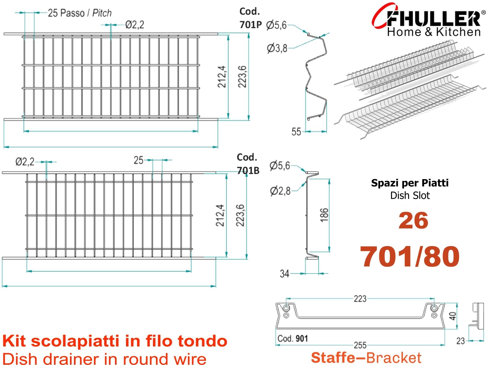 Kit Scolapiatti 76 cm acciaio inox da Incasso per Mobile Pensile cm. 80 completo di Vaschetta