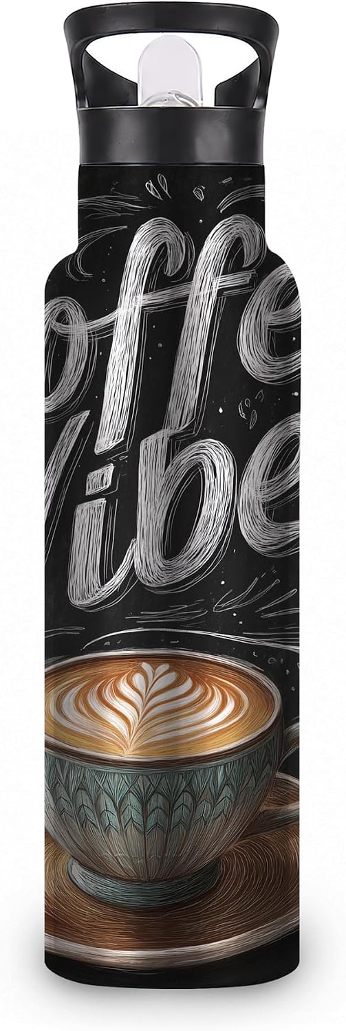 Water Bottles with Straw,Coffee Vibes Stainless Steel Cup Leak Resistant Double Wall Coffee Cup Insulated Water Bottle with Handle for Gym Cycling Hiking Office 20 oz