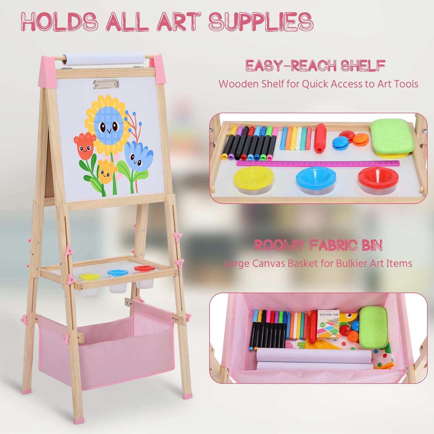 TODEFULL 3 in 1 Adjustable Kids Art Easel Set, Dual-Sided Wooden Art Station w/Magnetic Whiteboard, Chalkboard & Paper Roll, Height Adjustable Standing Painting Easel for Toddlers Ages 3+, Pink