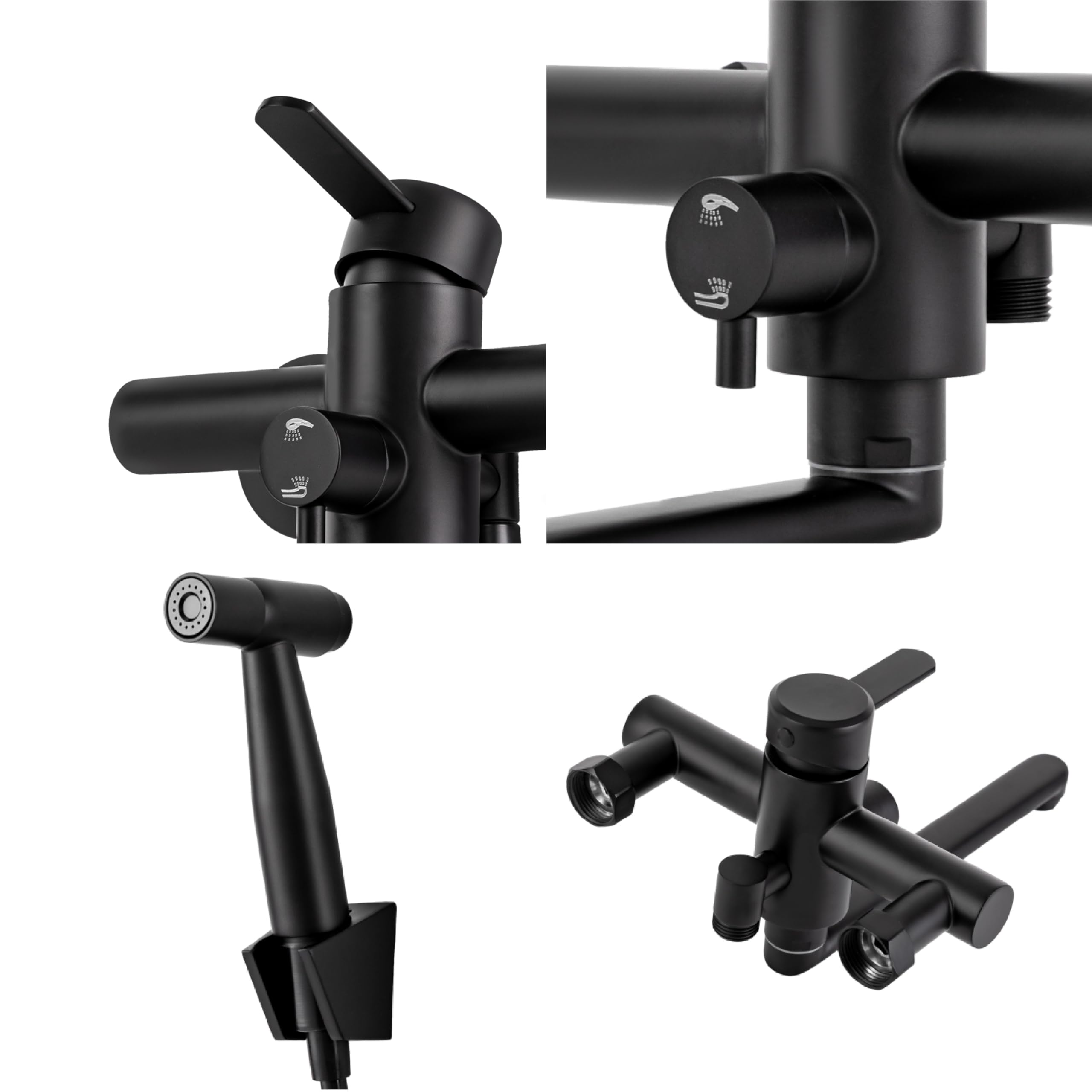 Grifo de cocina negro de acero inoxidable montado en la pared, multifunción giratorio 360°, grifo de pared para cocina con pistola pulverizadora, monomando mezclador monomando para fregadero con 3