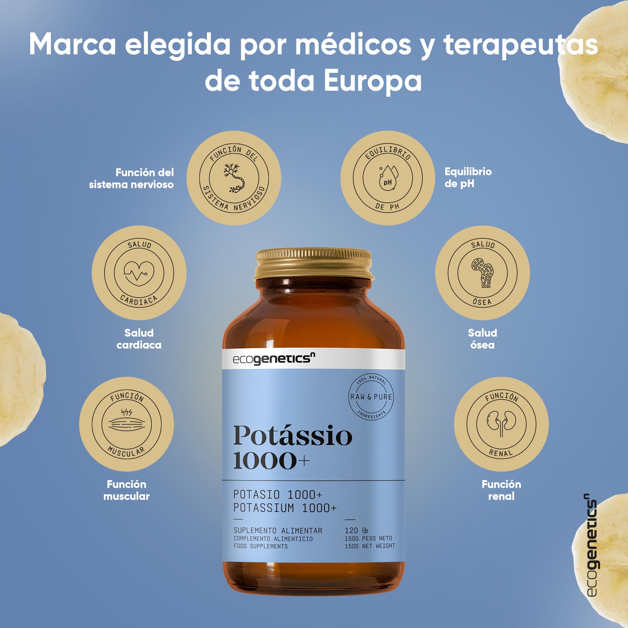 ECOGENETICS - Potasio 1000+ | Potasio en Pastillas, 120 Cápsulas | Suplemento Alimenticio de Fosfato Dipotásico | Fósforo y Potasio | Complemento de Vitaminas y Minerales
