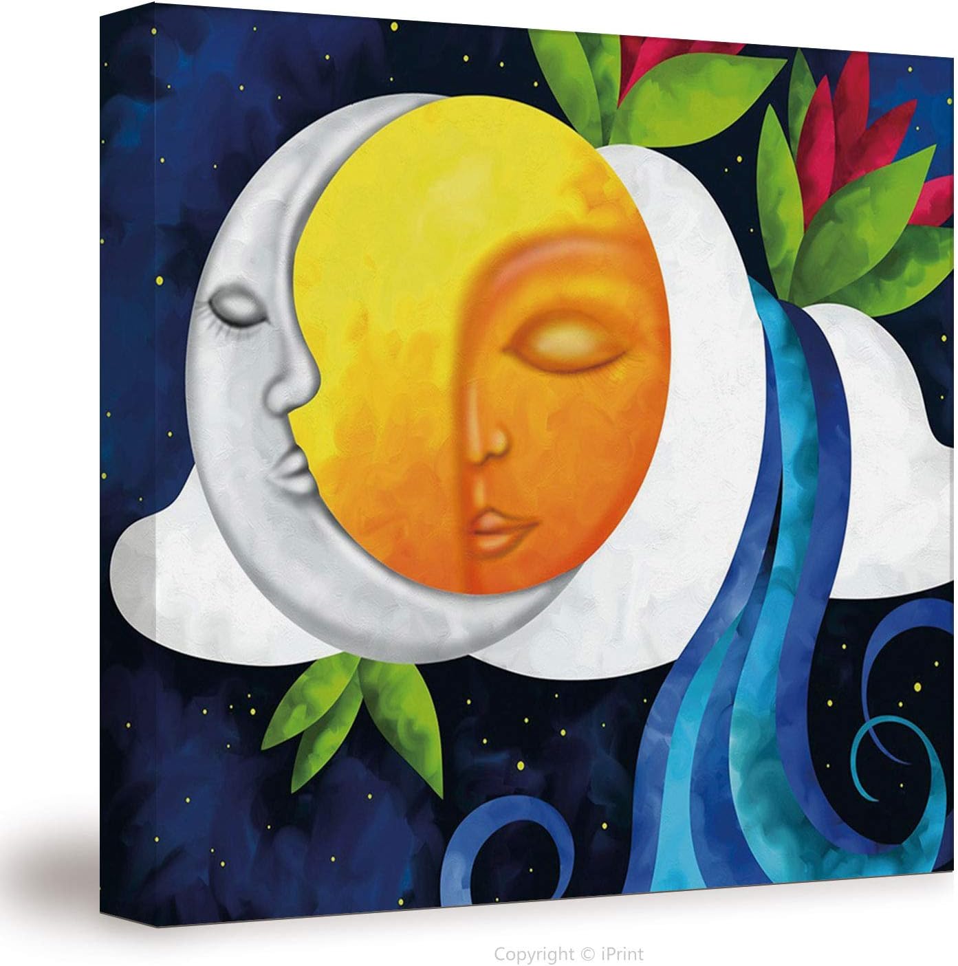 №07702 Canvas Art Wall Decor/ Sun And Moon,Abstract Dreamlike Sky Composition Infinite Universe Fantasy Lotus Waterfall Decorative,Multicolor / Wall Art Paintings On Canvas Stretched And Framed Ready