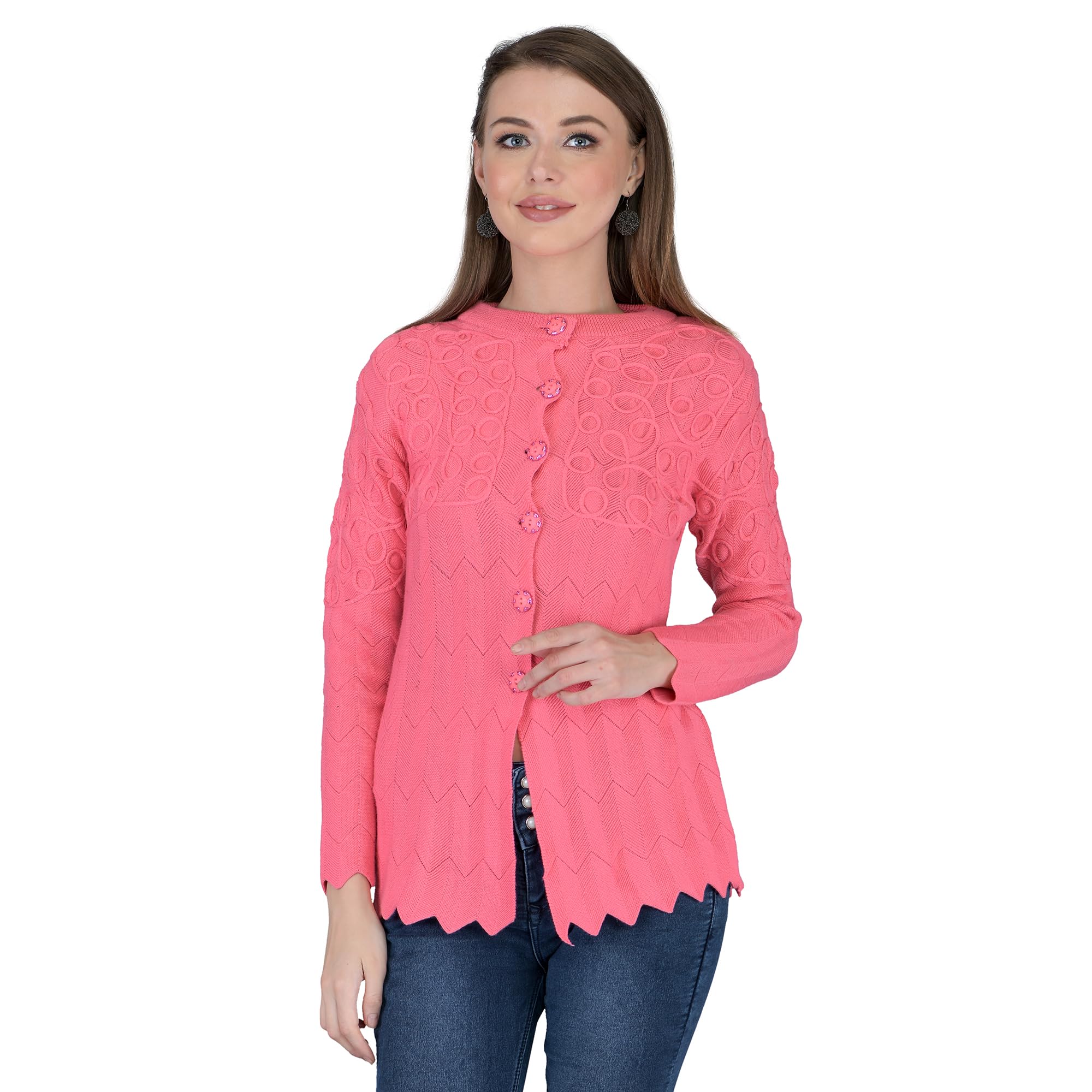 Women's Woolen V-Neck Cardigan - Printed Heavy Front Kadai Daffodil Fabric Winter Wear Pure Wool Cardigan for Women - Free Size Long Cotty Fully Warm (Magenta, 3XL)-image-45