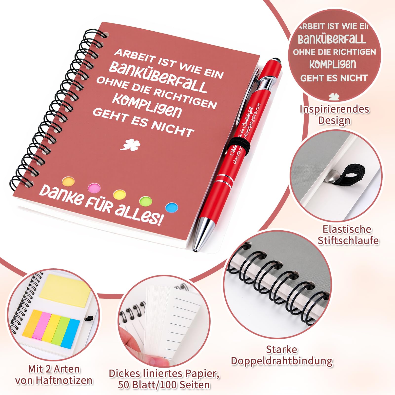Meetory Abschiedsgeschenk Kollege - 10 Sets Dankeschön Geschenk Mitarbeiter Motivierendes Inspirierendes Geschenk Spiral Notizbuch mit Kugelschreiber und Schlüsselanhänger für Kollegin Jobwechsel Team
