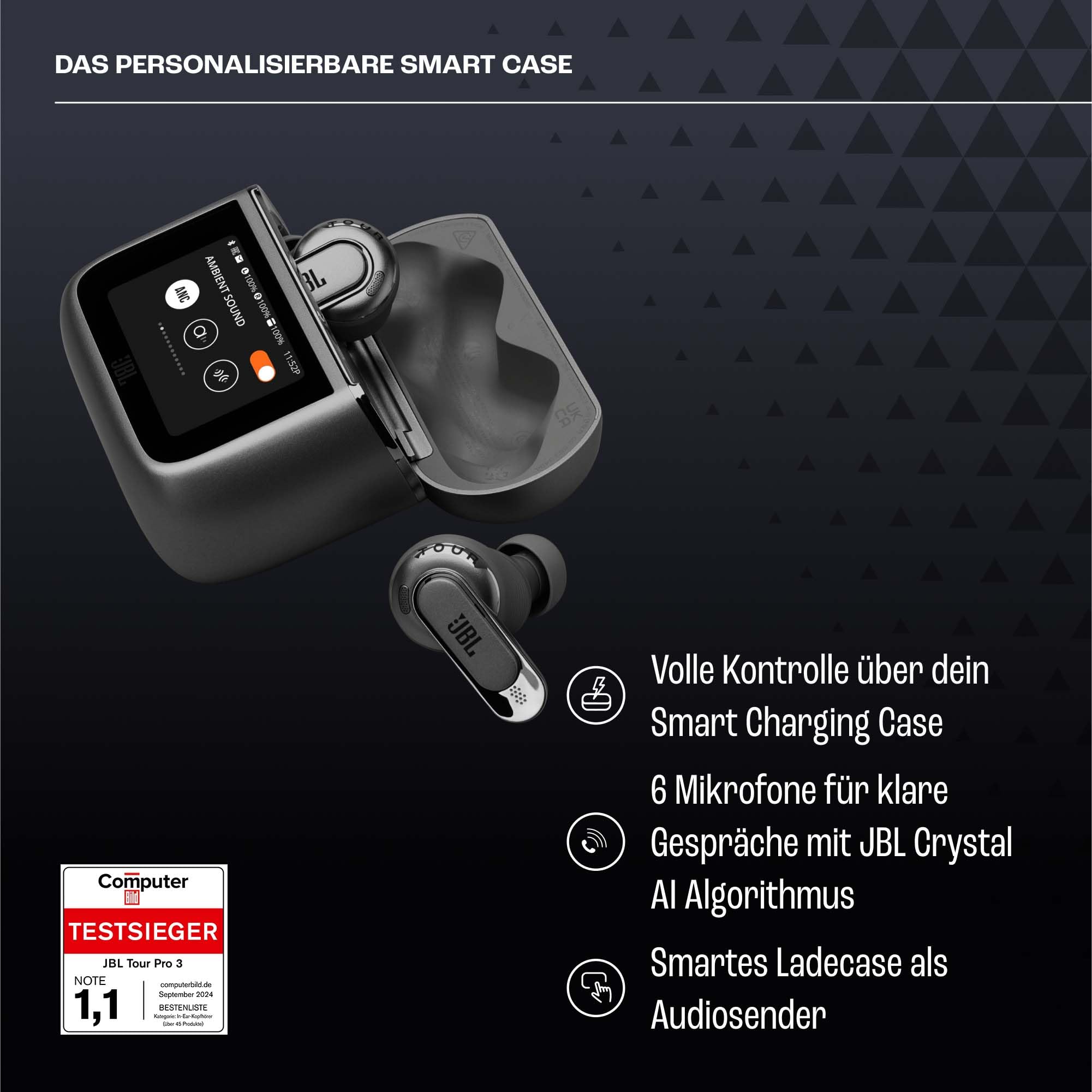 JBL Tour Pro 3, True Wireless Bluetooth-Kopfhörer mit intelligenter Ladebox, 40 h Akkulaufzeit, True Adaptive Noise Cancelling 2.0 und JBL Spatial 360 Sound mit Head Tracking, Schwarz