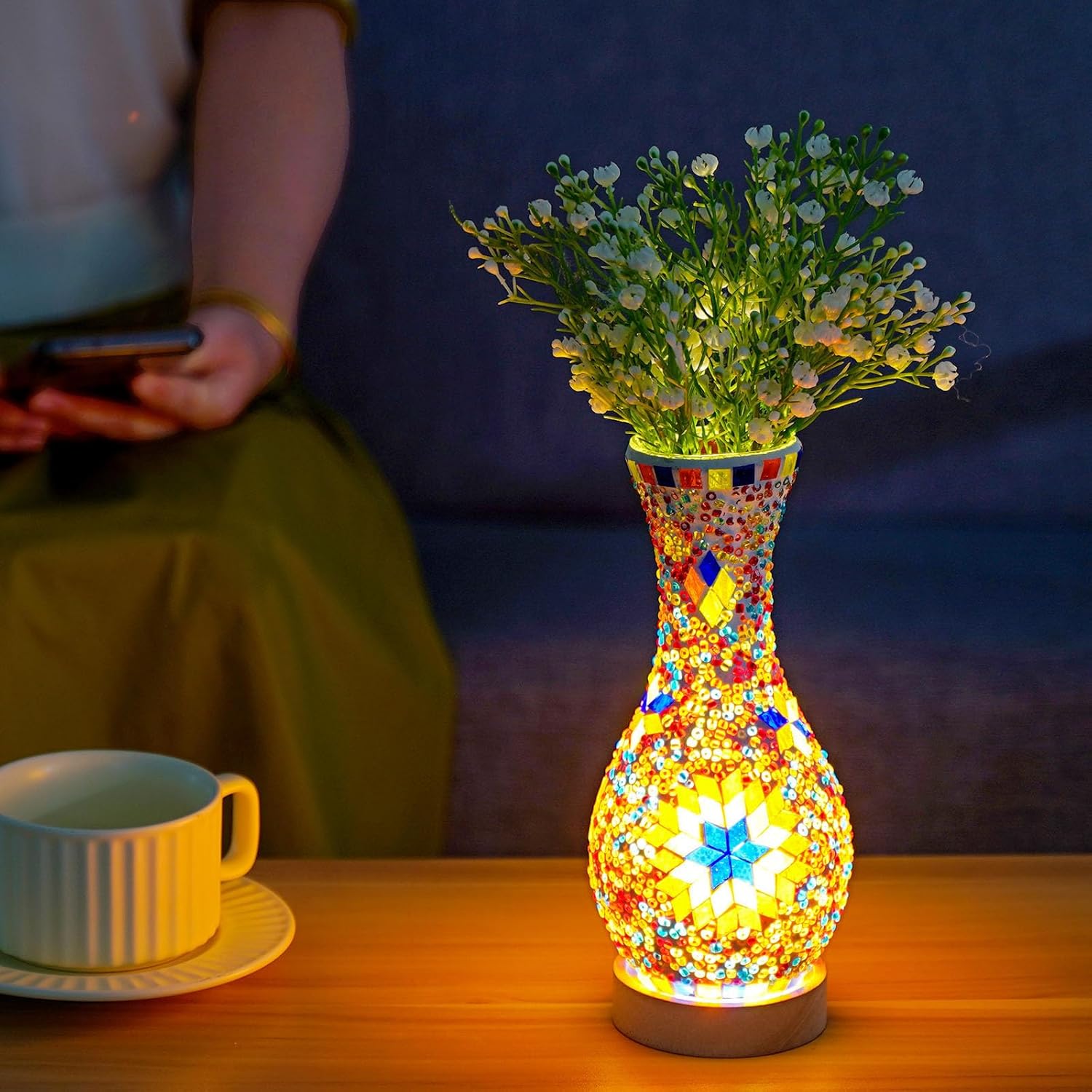Mosaic Vase Lamp, Turkish Moroccan Table Lamp，Colorful Handmade Glass Vase with Wood Base for Flowers, USB Charge Decor Light for Bedroom Ambient Living Room Farmhouse