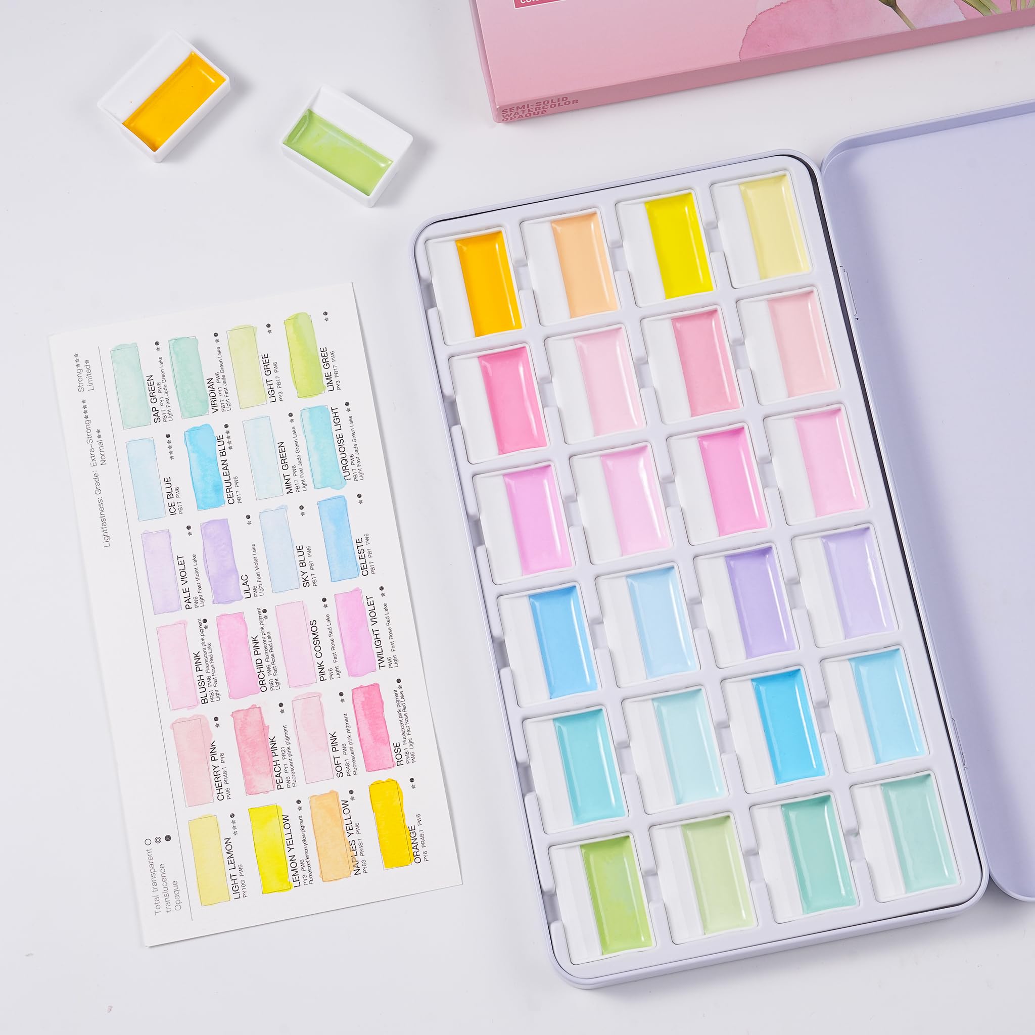 Aquarellfarben Set - 24 Premium Deckende Pastell-Wasserfarben, Macaron-Stil | Cremige Textur, Halbfeste Aquarellfarben, Aquarellkasten mit Mischpalette für Illustration, Journaling und Kreatives Malen