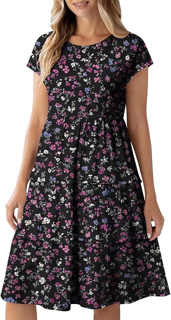 Summer Midi Dress Cute Crewneck Short Sleeve Smocked Tiered Babydoll Sundress Lightweight Casual Boho Dresses