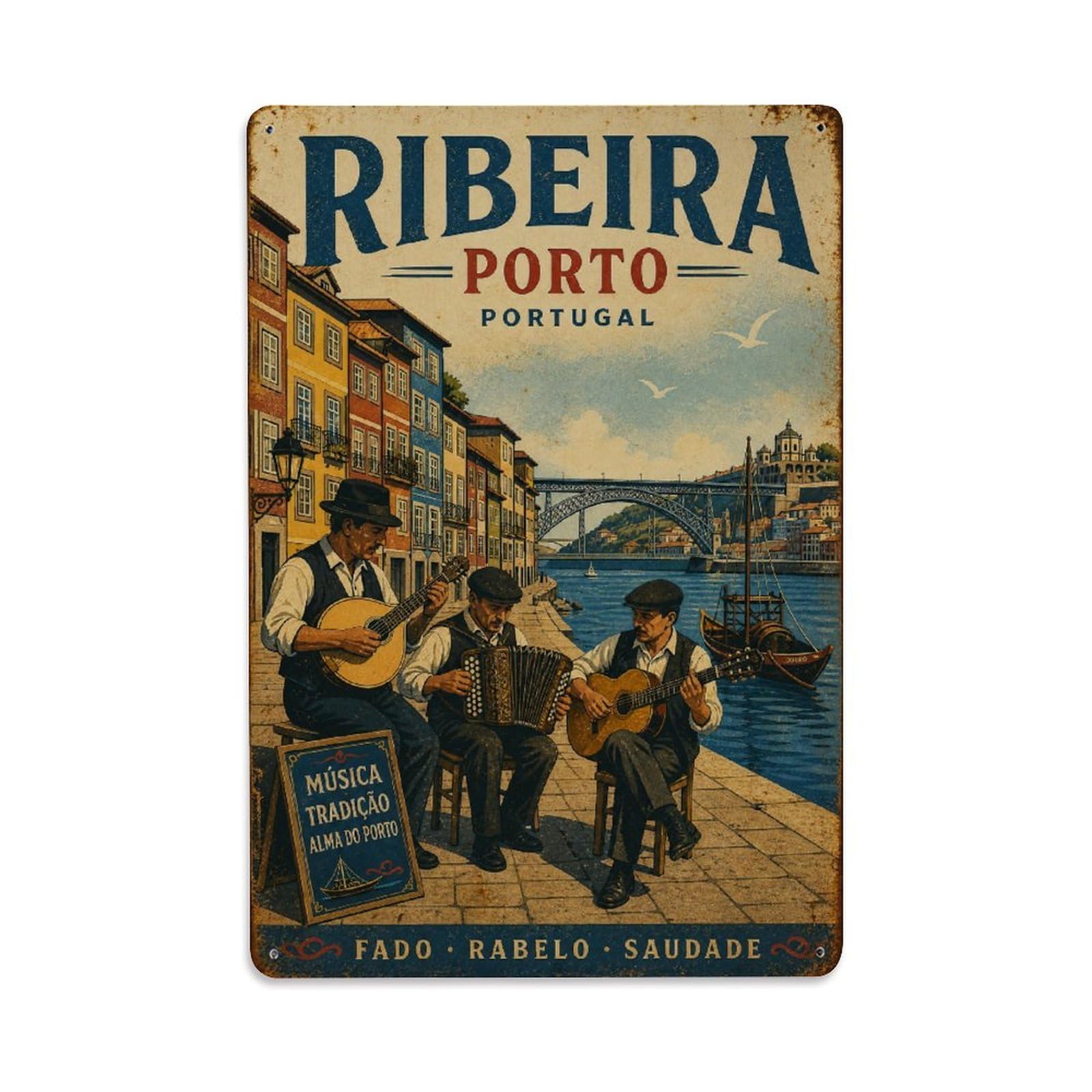 Huiyhb 8X12inch(20X30cm) Vintage Travel Ribeira Musicians Street Performance Portugal Metal Tin Sign