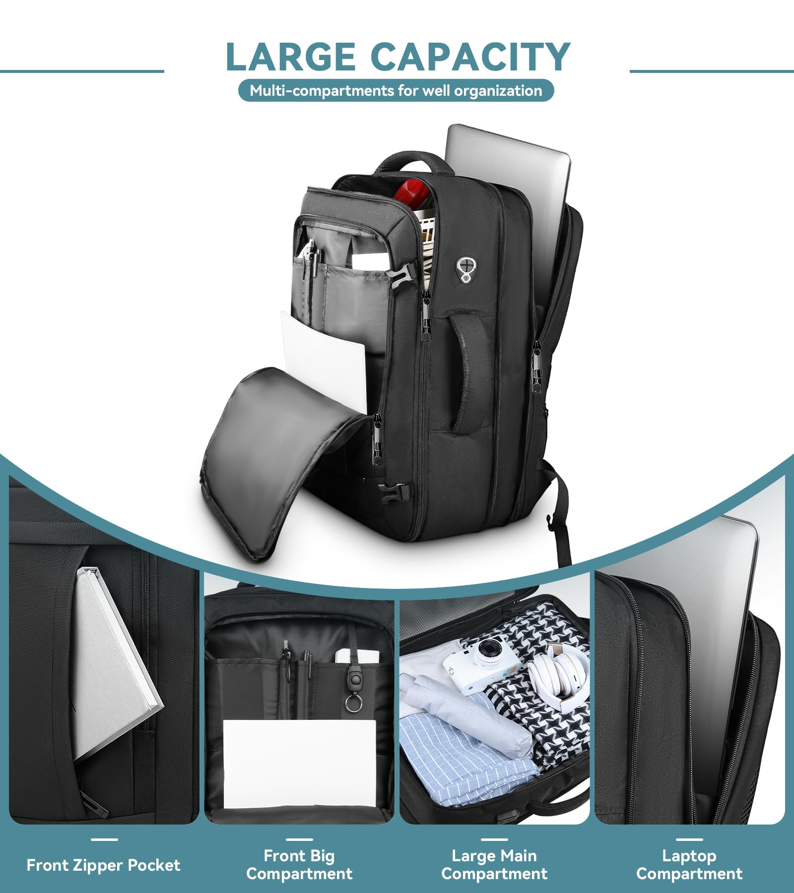 AREYTECO Mochila de viaje, 50 L, expandible, extragrande, para laptop, mochila de mano, resistente al agua, maleta de negocios, bolsa para portátiles de 17 pulgadas, regalos de viaje para hombres y