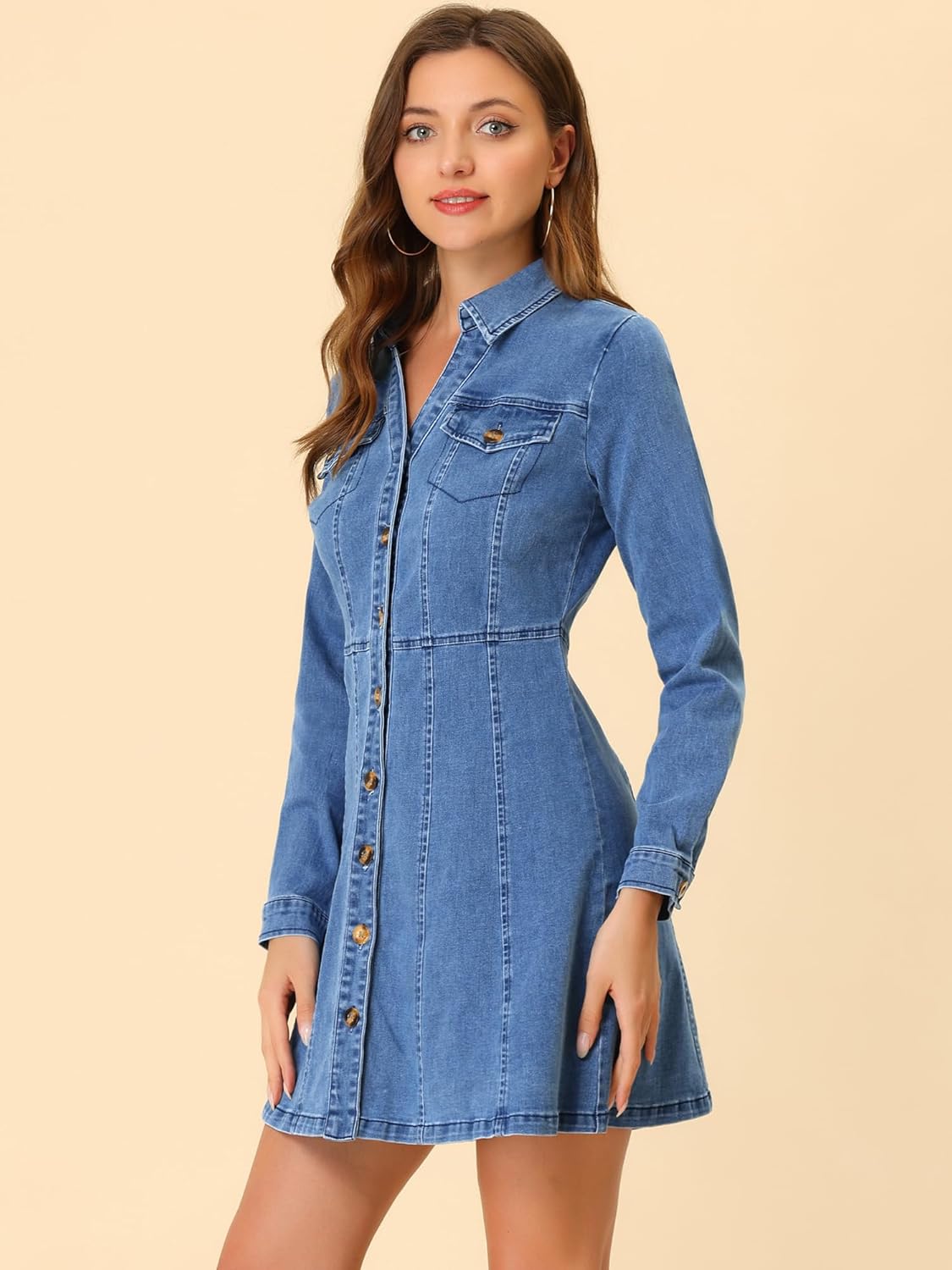 Allegra K Women’s Denim Dress Button Down Collar V Neck Long Sleeve A-line Cotton Jean Dress
