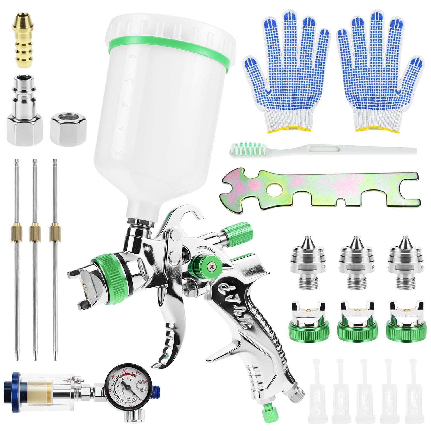 QWORK® HVLP pistola a spruzzo per verniciare kit, pistola spruzzatrice pneumatico con bicchiere di plastica 600 ml e 4 ugelli, per auto, mobili e pareti
