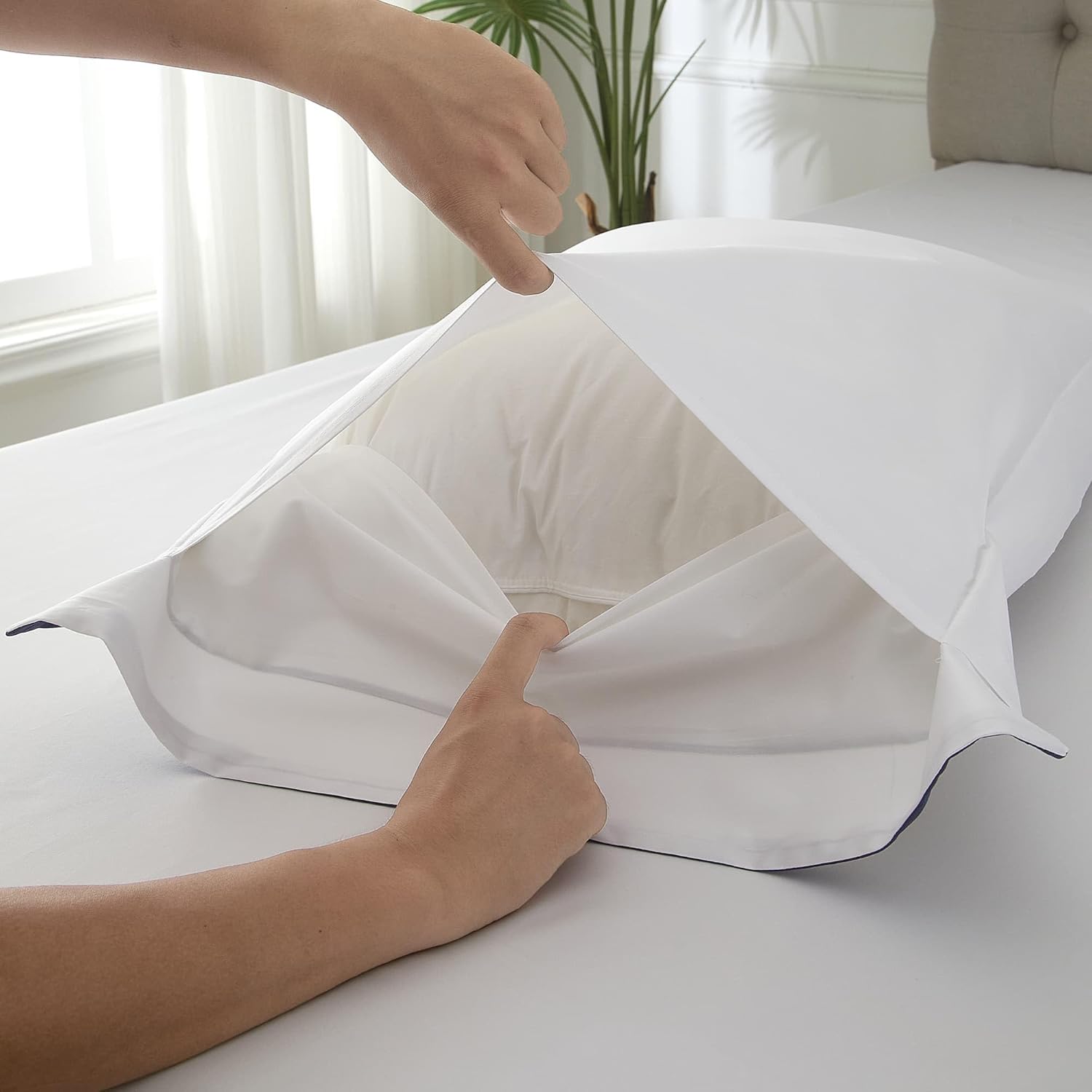 White Euro Pillow Shams Set of 2, 100% Cotton Euro Sham Covers with Navy Embroidered Double Border, 400TC Sateen Weave Elegant Luxury Hotel Decorative Pillow Cases for Bedding, 26x26 Inches - Image 4