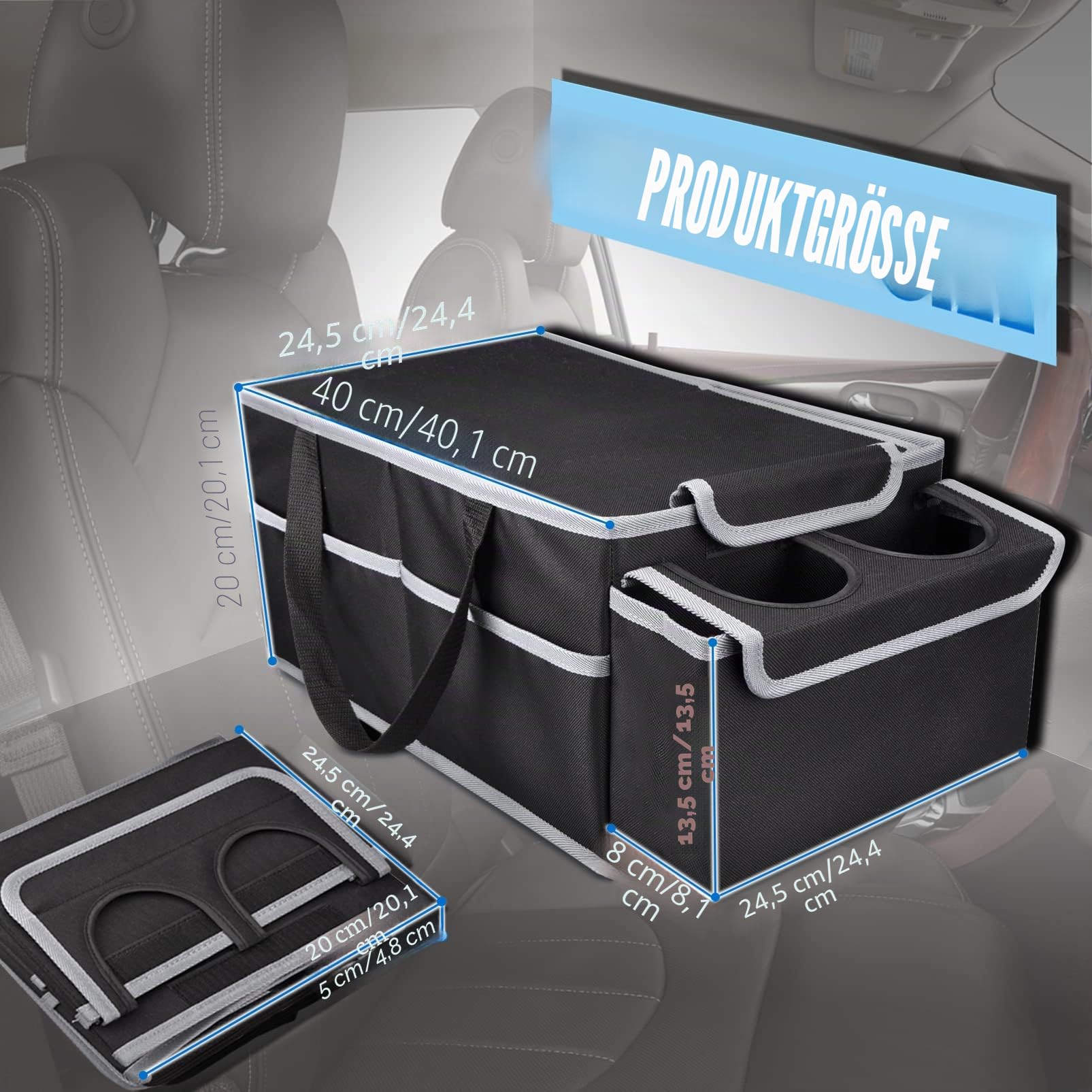 Auto Organizer für Vorne und Rücksitz, Klappbar, mit Fächern und Deckel - Beifahrersitz und Kinder (Schwarz)