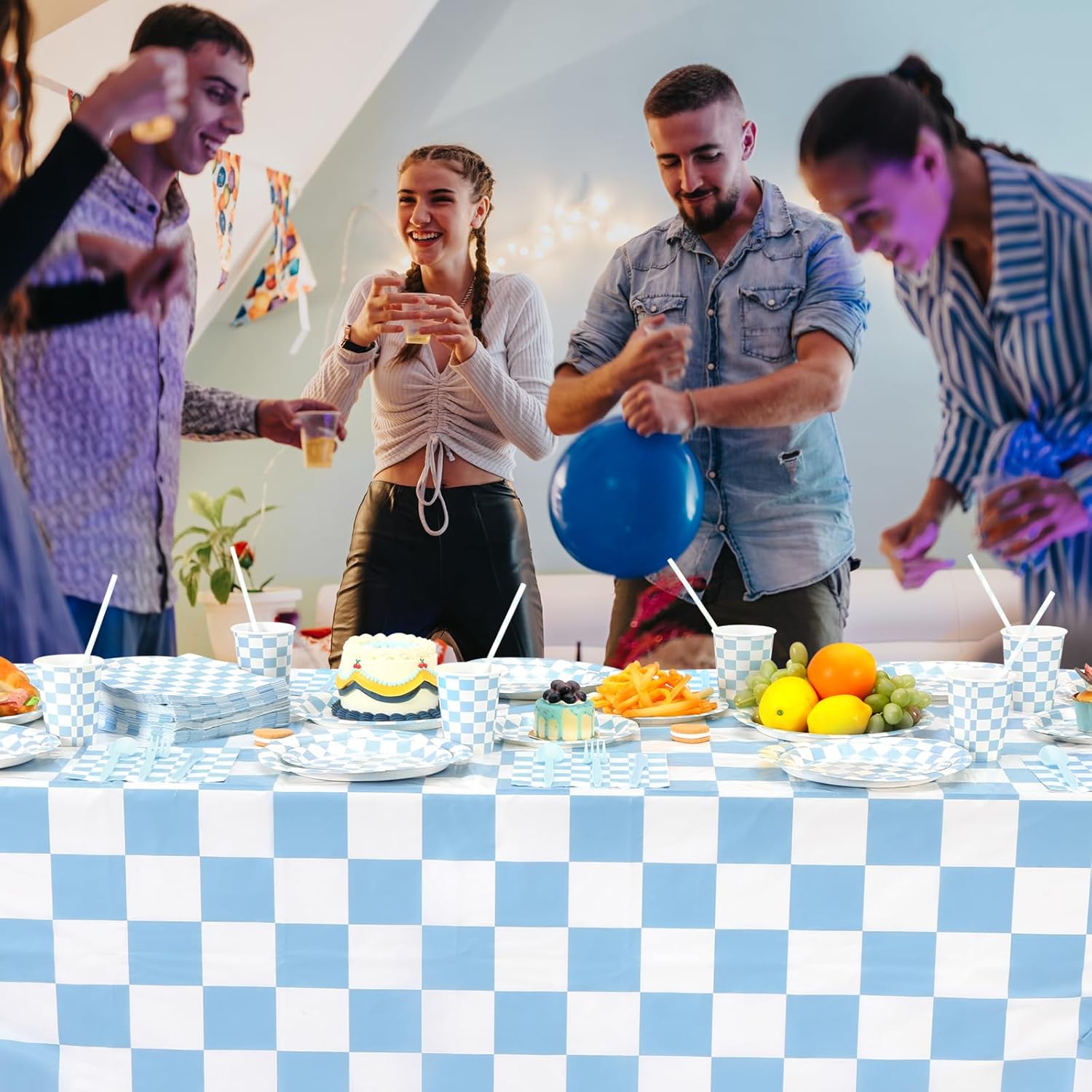 Funnymoom 452 Pcs Light Blue and White Gingham Party Supplies for 50, Blue Checkered Gingham Paper Plates Napkins Cups Tablecloth Cutlery Straws for Baby Shower Picnic Camping Birthday Decoration