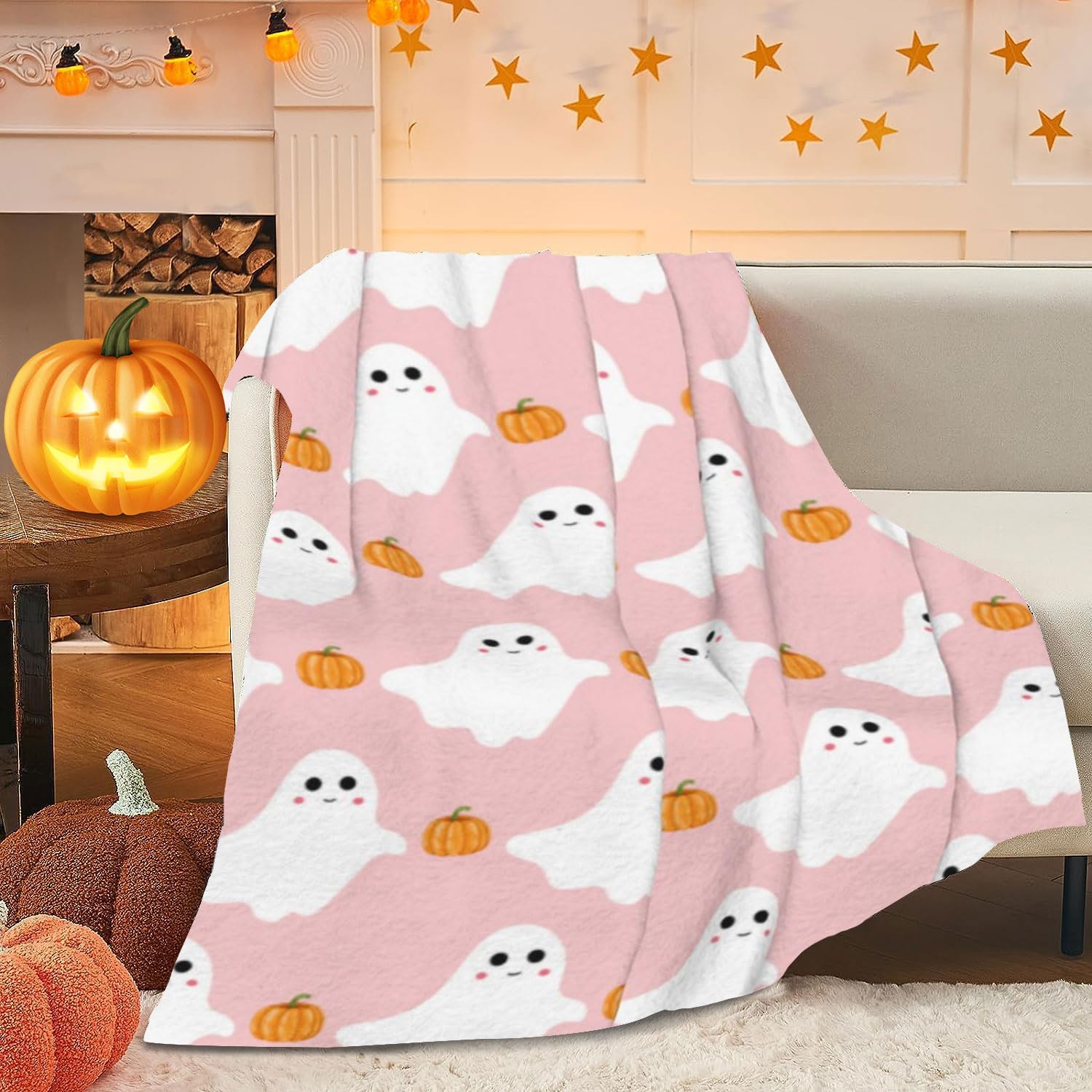 Cute Ghost Pumpkin Throw Blanket for Couch Sofa Living Room Pink Halloween Blanket Warm Cozy Lightweight Travel Outdoor Blanket for Women Men for All Season 60"x80"