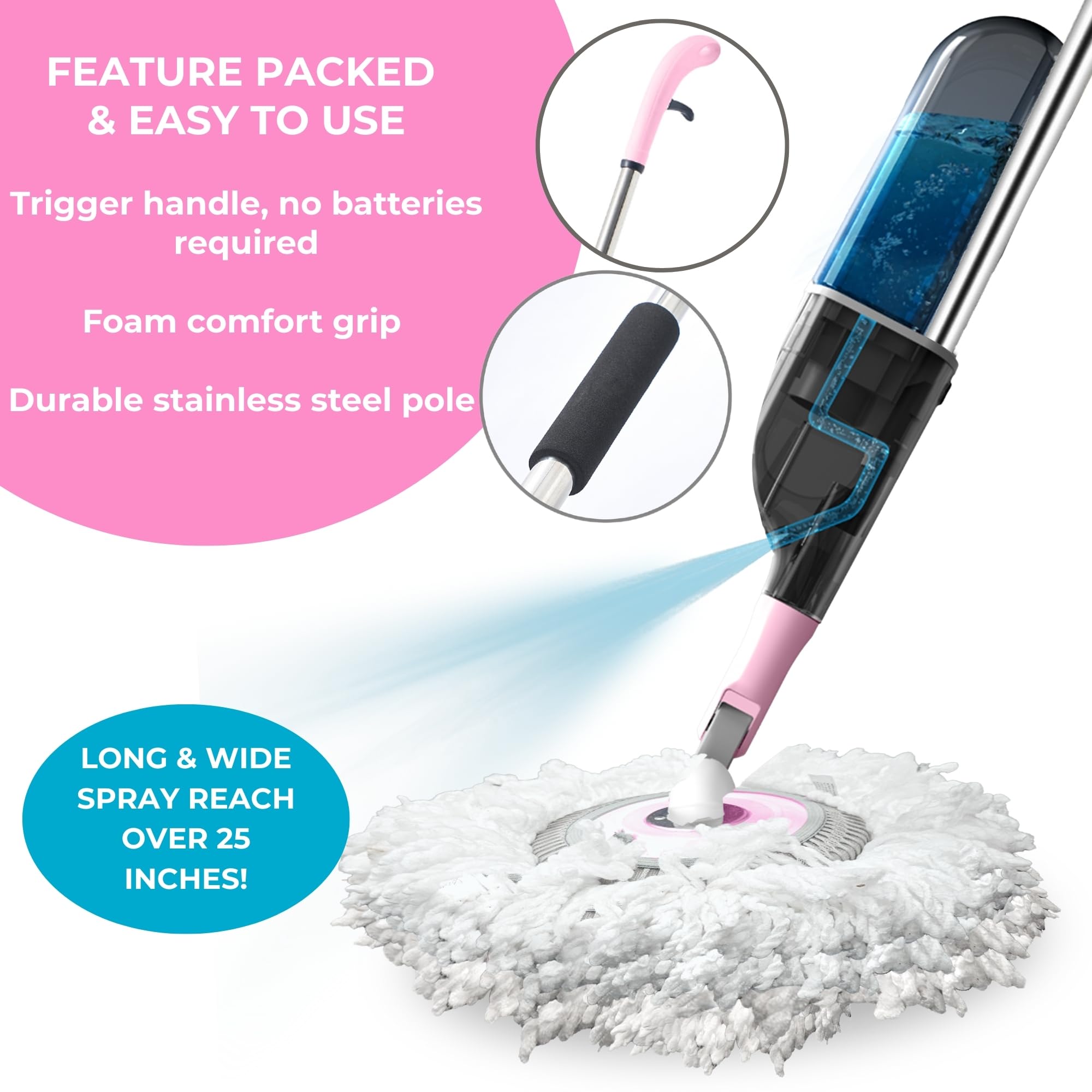 True & Tidy® Clean Everywhere Spray Mop Kit with Three Interchangeable Heads and Refillable Tank- Includes Flat Head, Round Mop, Window Squeegee (Pink)