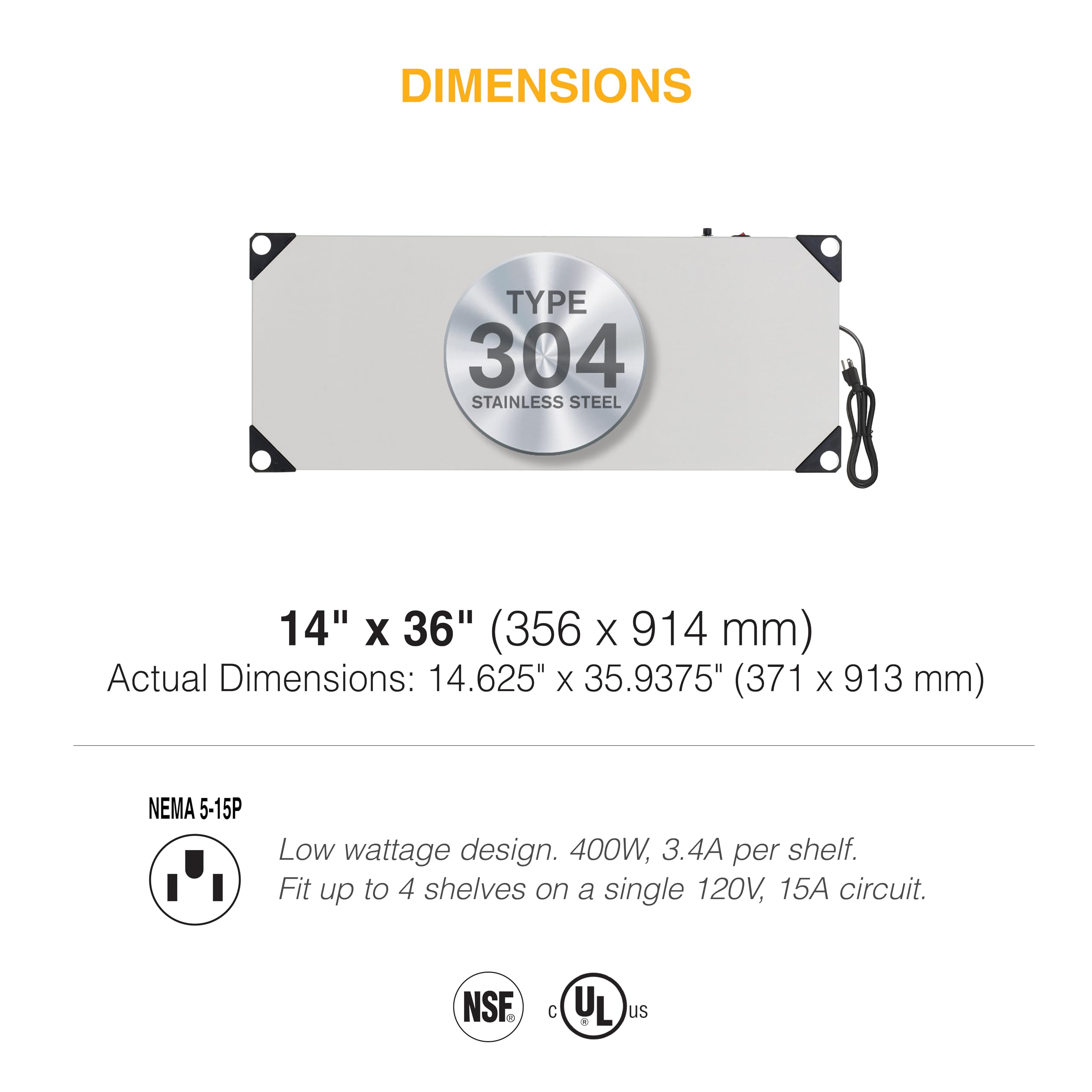 Metro HS1436 Super Erecta Hot Stainless Steel Heated Shelf - Use as Countertop Food Warmer or Customizable Shelving Unit - 120V, 200W, 14
