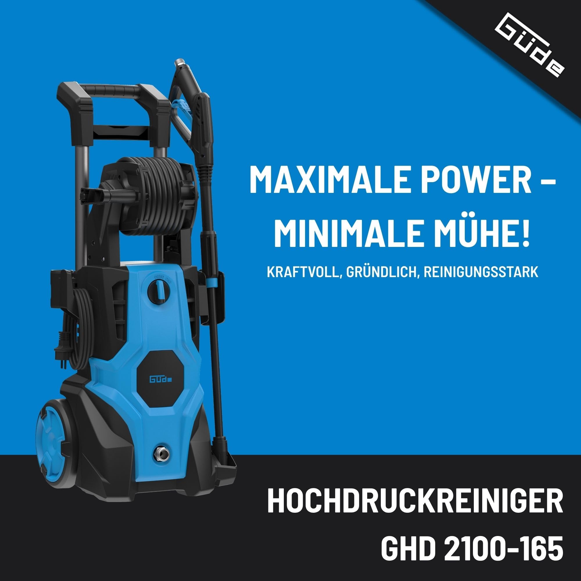 Güde Rondella ad alta pressione GHD 2100-165 (230 V, 2100 W, pressione massima 165 bar, 432 l/h max. trasportatore, tubo HD da 6 m su avvolgitubo, pistola ad alta definizione con variolanza, spazzola,