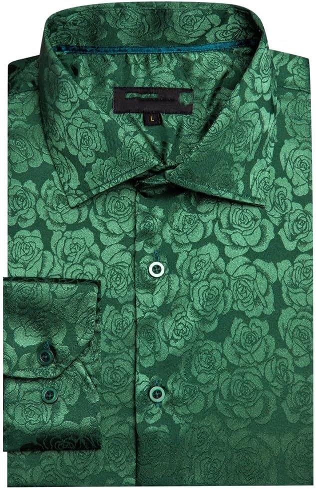 Men Silk Long Sleeve Green Floral Slim Fit Male Blouese Casual Tops Formal Streetwear