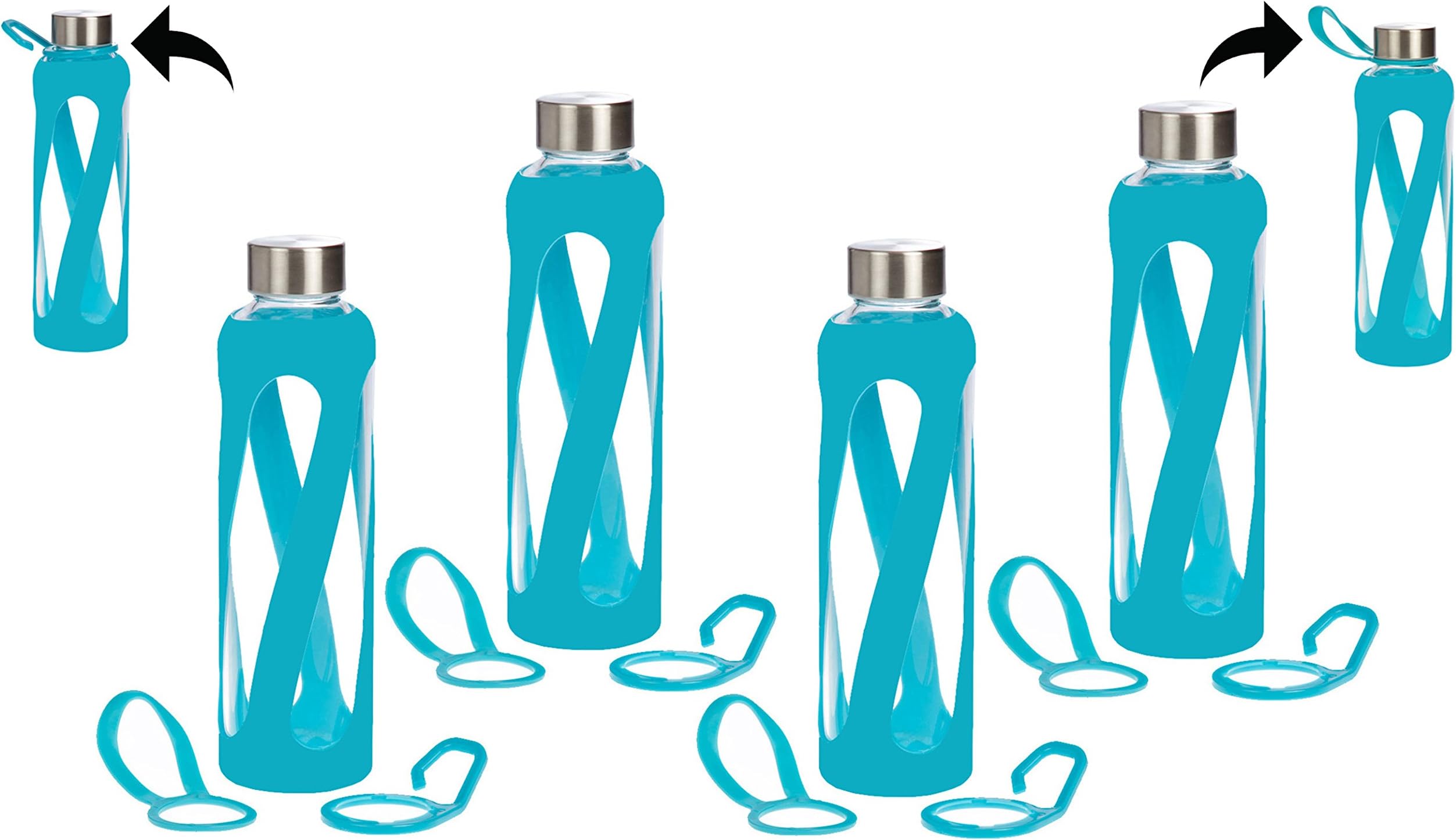 1, 2, 3, 4- PACKS - 20 oz Leak Proof, Reusable Pure Borosilicate Tempered Glass Water Bottle, Non-Slip Silicone Sleeve, 2 Attachments: Loop and Hook, Free of BPA, BPS, BPF, PVC, Phthalates