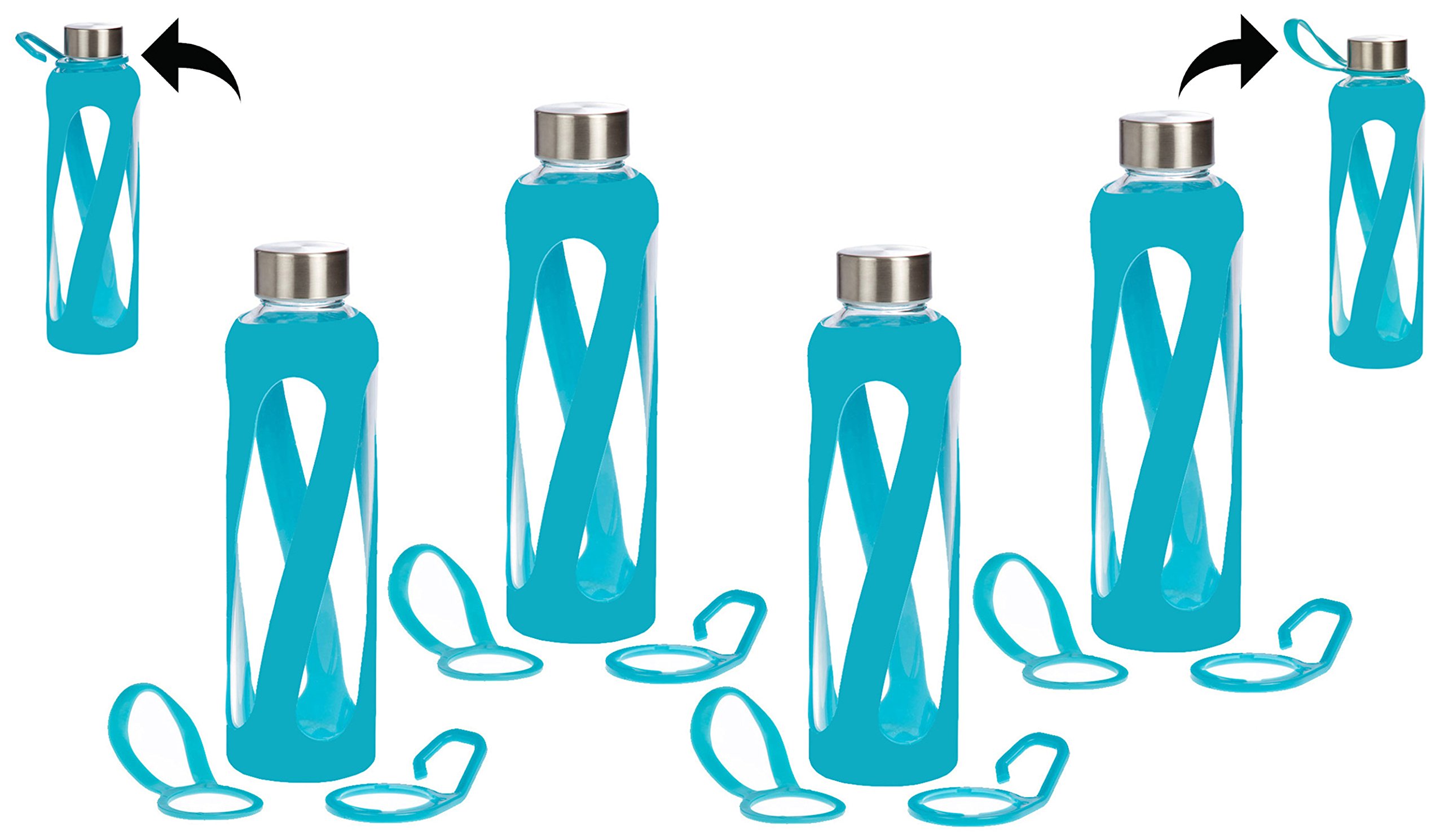 1, 2, 3, 4- PACKS - 20 oz Leak Proof, Reusable Pure Borosilicate Tempered Glass Water Bottle, Non-Slip Silicone Sleeve, 2 Attachments: Loop and Hook, Free of BPA, BPS, BPF, PVC, Phthalates