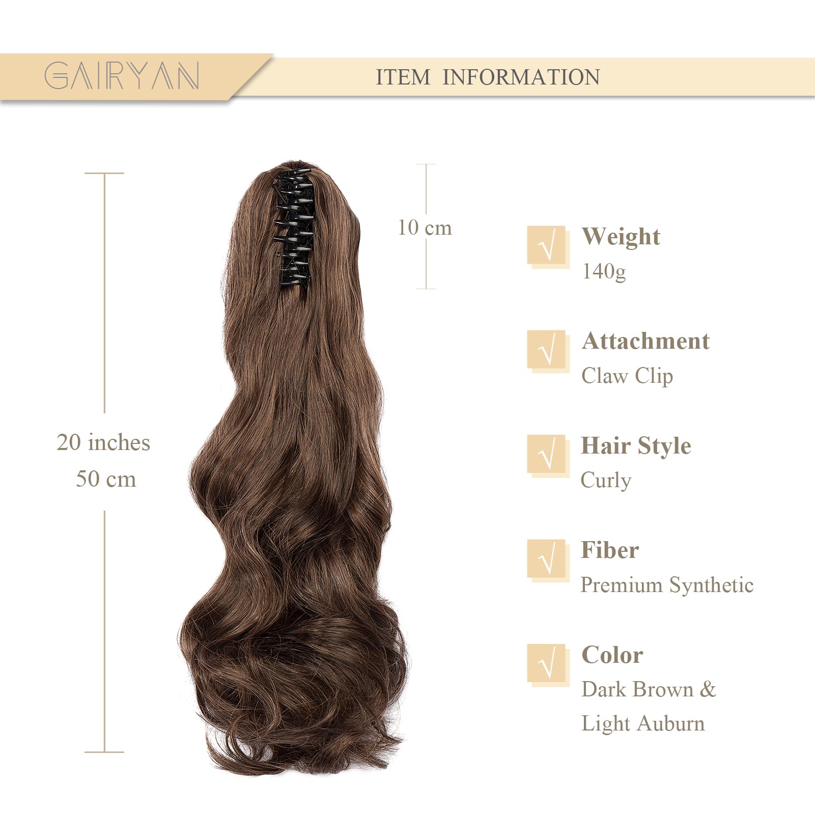 Gairyan 20inch Ponytail Extension Clip in Ponytail Hair Extensions Curly Wavy Pony Tails Claw on Ponytail Long Wave Synthetic Hairpieces for Women Soft Real Look (Dark Brown & Light Auburn) - Image 2