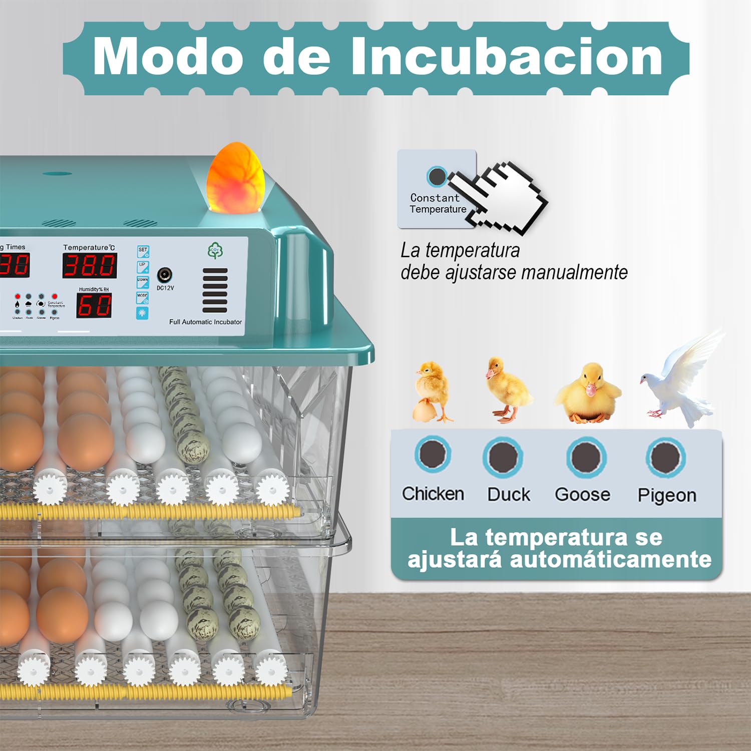 Incubadora de Huevos 120 Unidades, Incubadoras de Huevos Automaticas con 4 Modos de Incubación, Relleno de Agua Automático, Pantalla de Temperatura y Humedad, Incubadora Huevos Gallina para Volaille