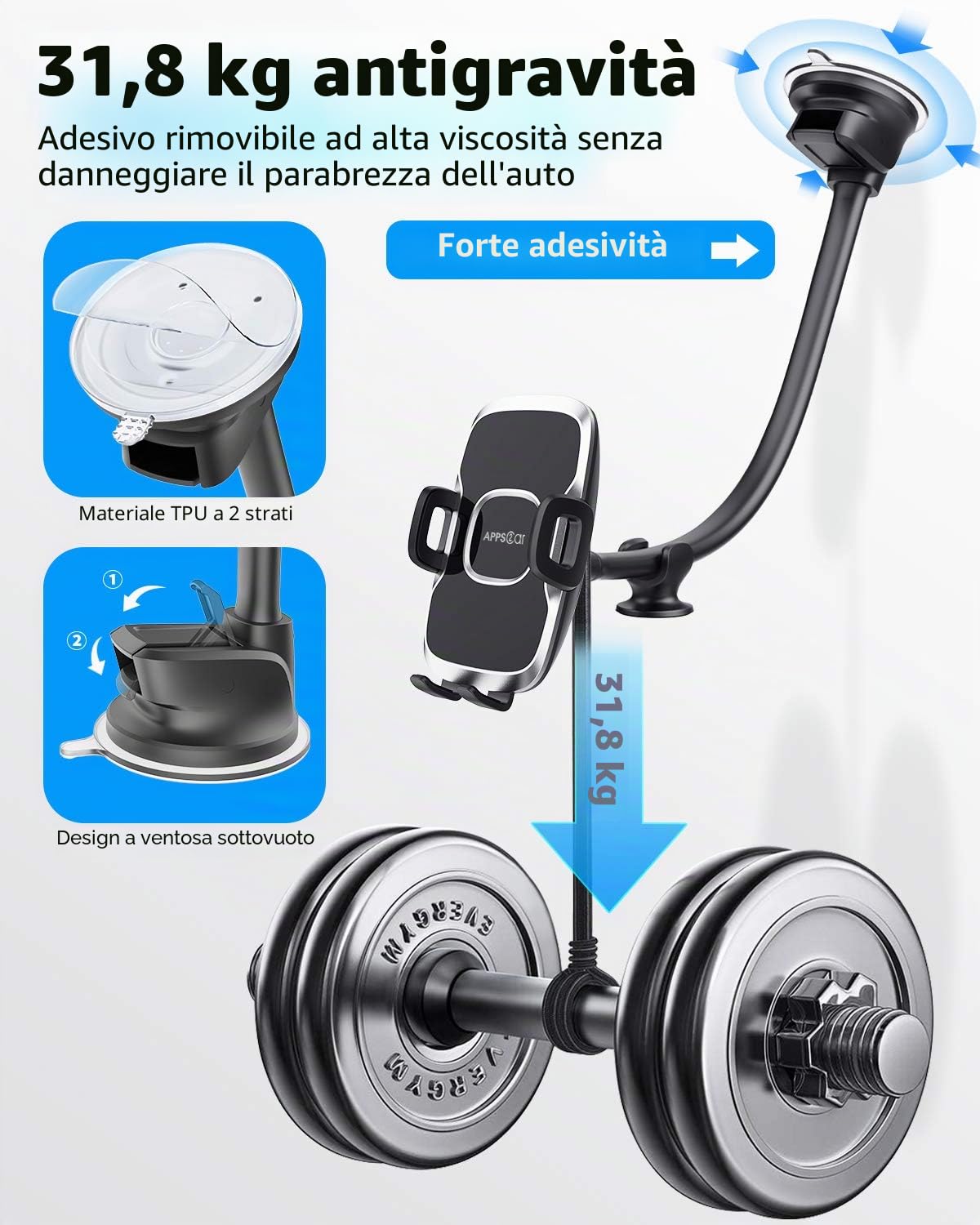 APPS2Car Supporto per telefono per parabrezza auto, braccio lungo flessibile da 13 pollici con collo d'oca, base di aspirazione per telefono e cruscotto per furgoni e camion