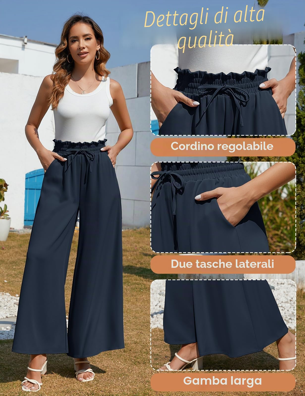 Voqeen Pantaloni da Donna Estivi a Vita Alta Casual a Gamba Larga con Tasca a Coulisse per Il Tempo Libero, Il Lavoro e L'Ufficio