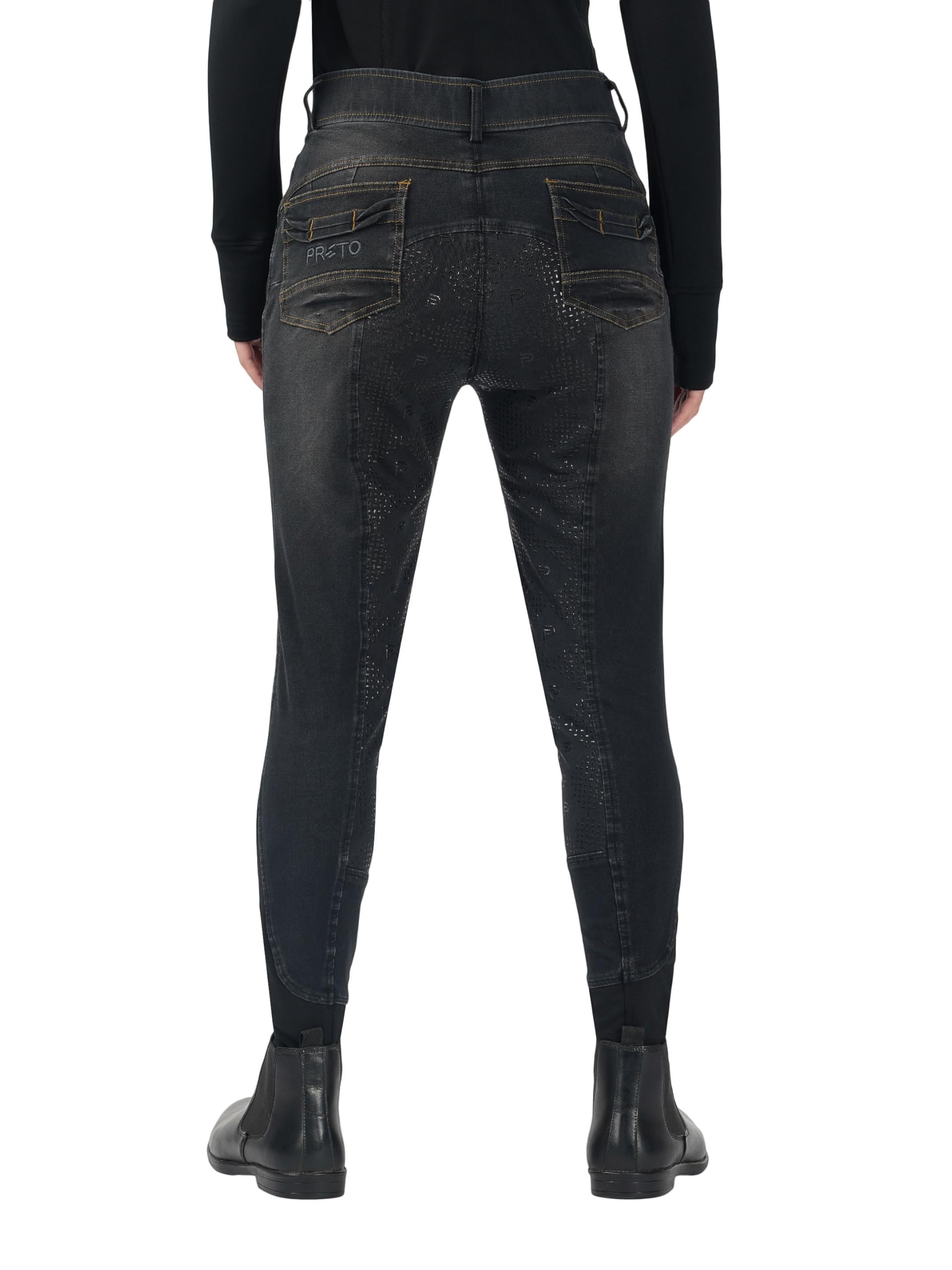 Preto Pantaloni da equitazione da donna in denim di alta qualità, con seduta completa, impugnatura in silicone, morbidi ed elastici, pantaloni da equitazione con tasche