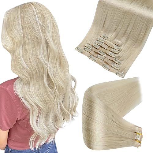 Full Shine Seamless Clip in Hair Extensions Human Hair 8Pcs Blonde Clip in Human Hair Extensions Remy Hair Soft Straight Platinum Blonde Natural Human Hair Pu Clip ins 24 Inch 120 Grams