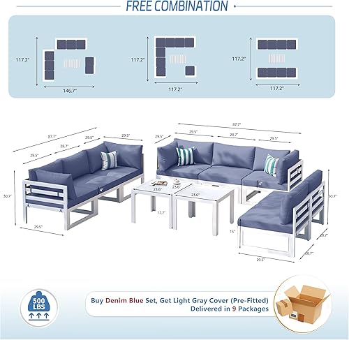 Miniatura 484 de NICESOUL 7 Piece White Powder-Coated Aluminum Patio Furniture with Fire Pit Table, 29 Inch Extra Wide Outdoor Sectional Sofa for 6, High-End Heavy