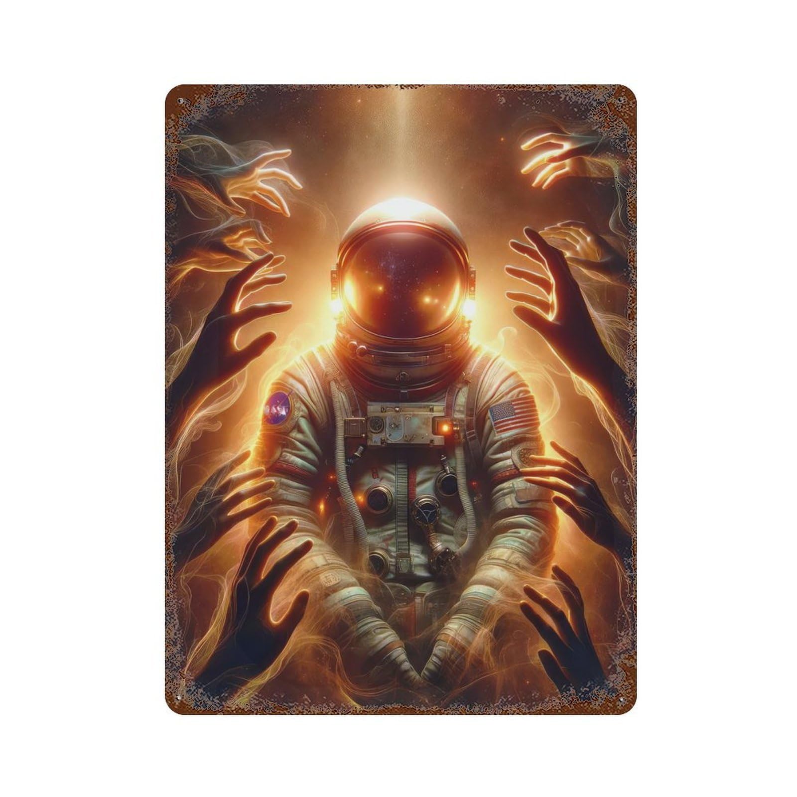 Rust Effect Cosmic Embrace Vintage Rust Metal Sign 15.7"x11.8", Classic Wall Plaque for Shed, Workshop And Garage Wall Decor