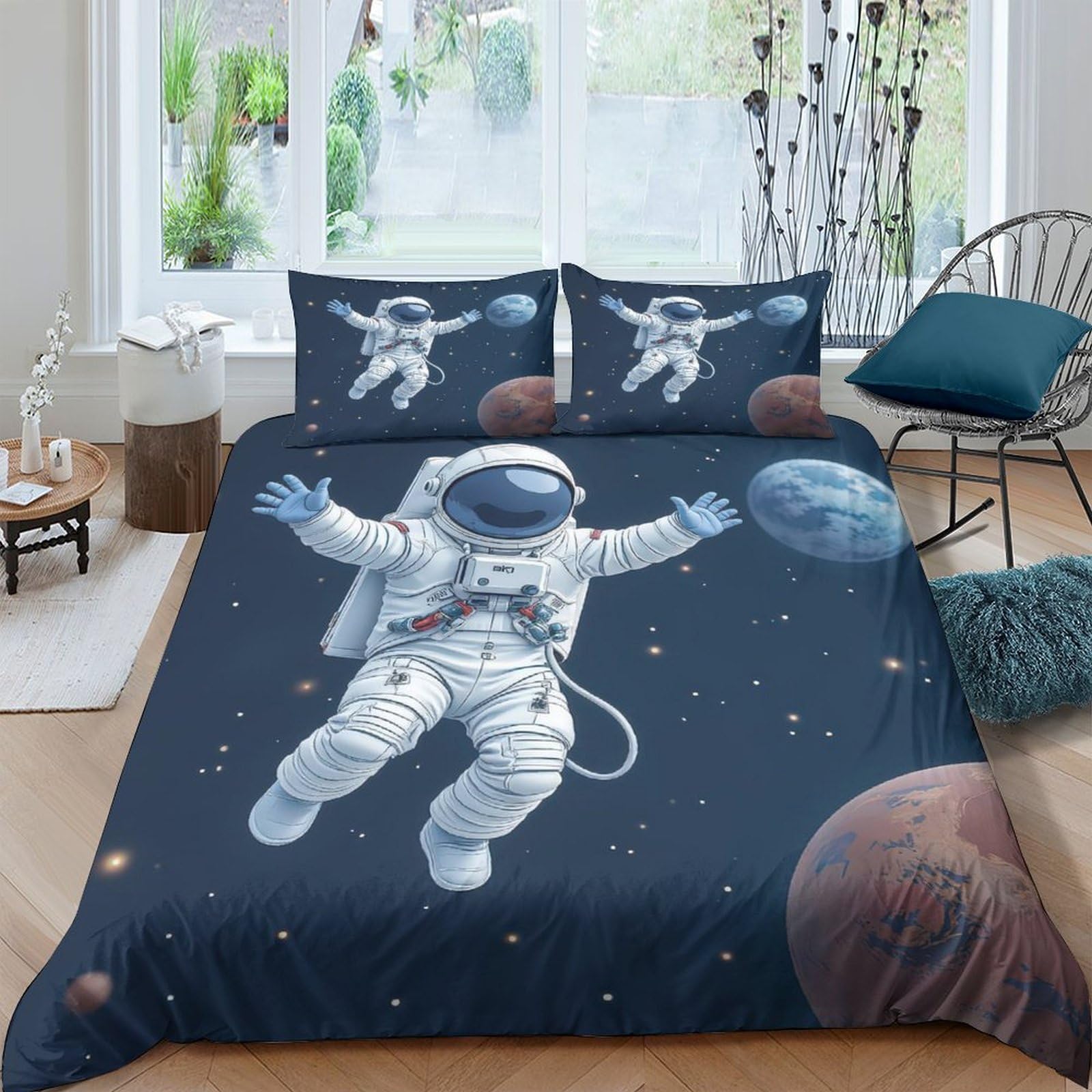 GPLZQXKJNH 3D Printed Astronaut Space Duvet Cover Microfiber Soft Breathable Planet Bedding Set with 2 Pillowcases for Bedroom Decor Single（135x200cm）