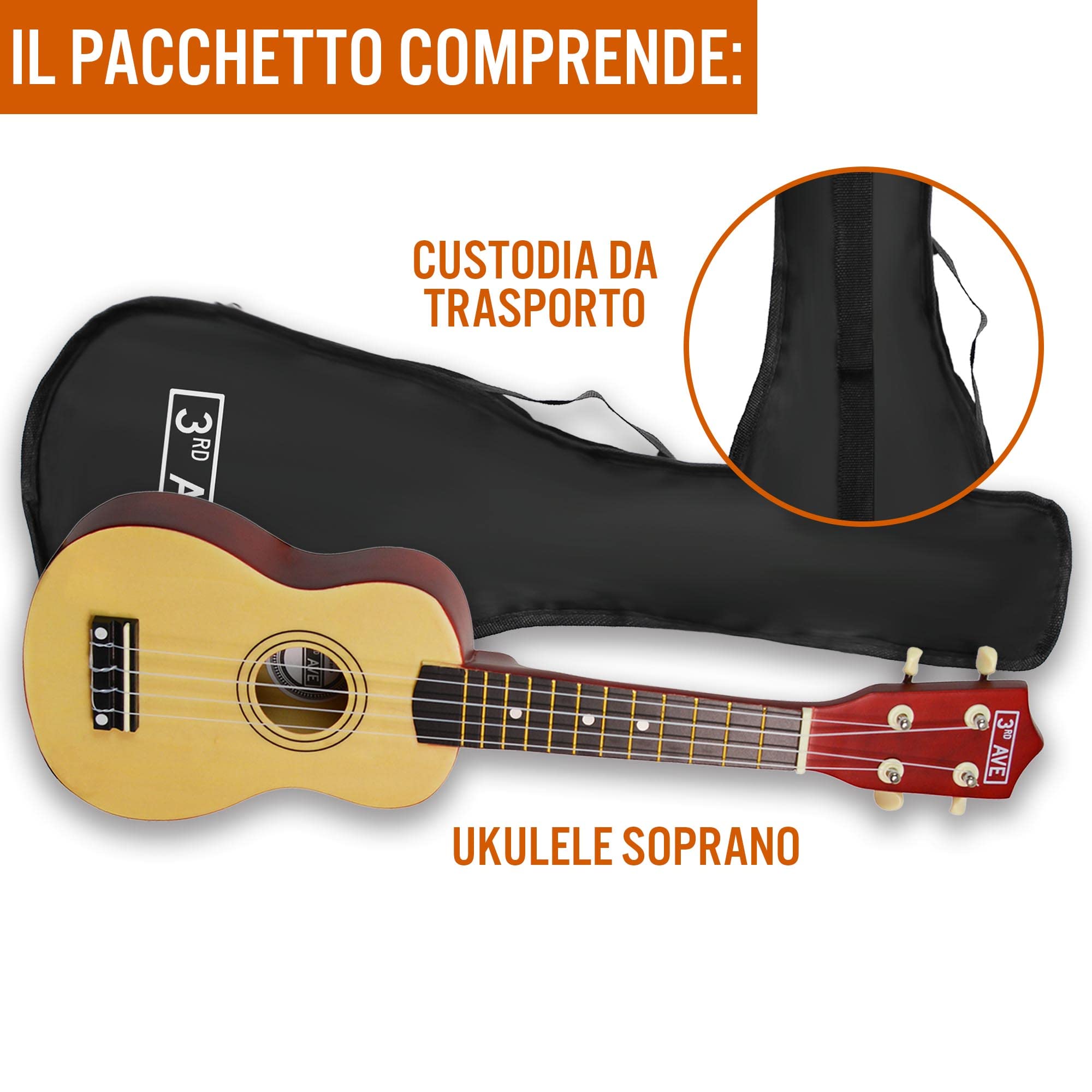 3rd Avenue Ukulele soprano beginner 3rd Avenue da 21 pollici – Naturale – Custodia Ukulele GRATUITA
