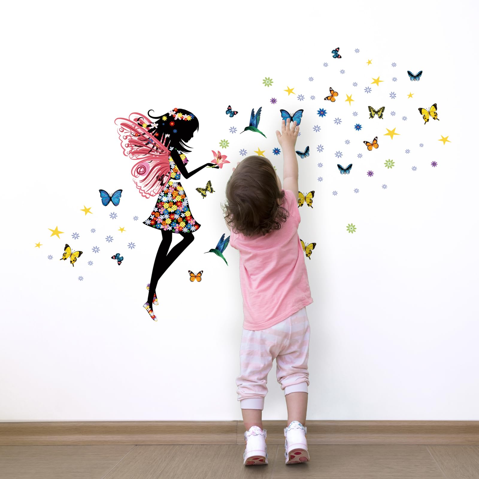 Stickers Muraux Rose Fille - Arc-en-ciel, Elfes, Fleurs, Papillons, Déco Chambre Enfant, 2 Feuilles