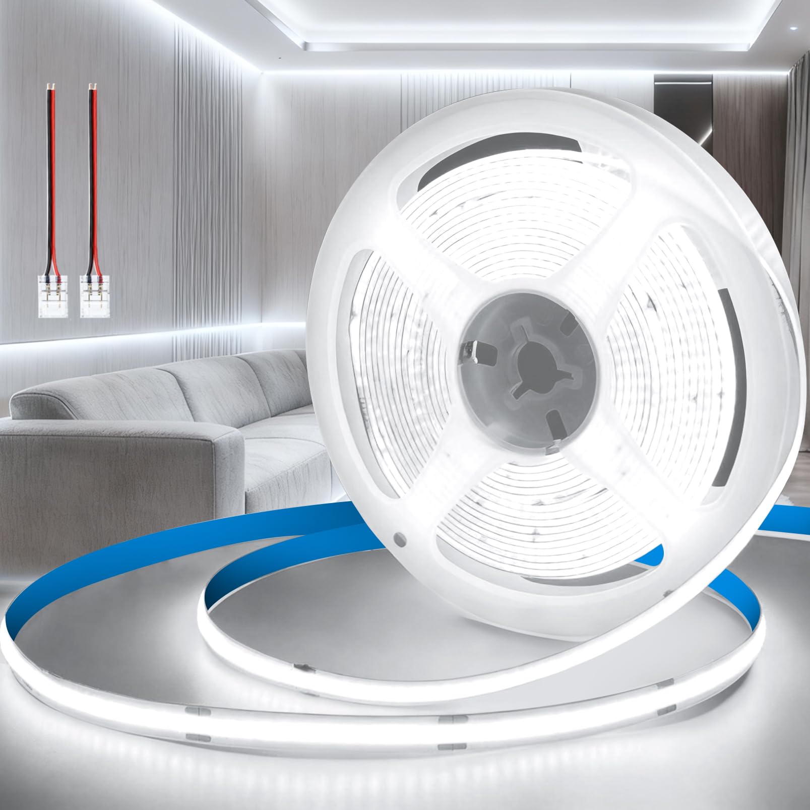 KSIBNW 12V COB LED Streifen Weiß, 5M Selbstklebend LED Strip Kaltweiß 6000K Licht Band 8mm Breite CRI90+ 320LEDs/m Flexibel LED Leiste für Wohnmobil Küche Schlafzimmer Dekoration, Ohne Netzteil