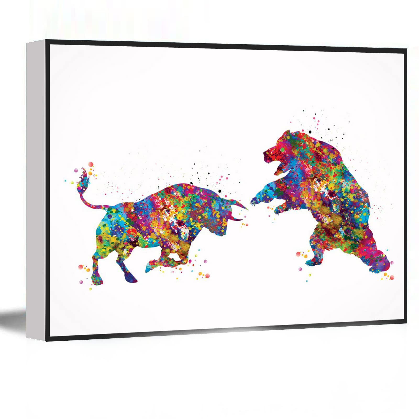 LigLzve Bull & Bear Watercolor Print Office Decor Wall street Stock Market Exchange vs. Business World Art Investor Trader Gift Gallery 8X12 Inch Framed Modern Canvas Art, Black