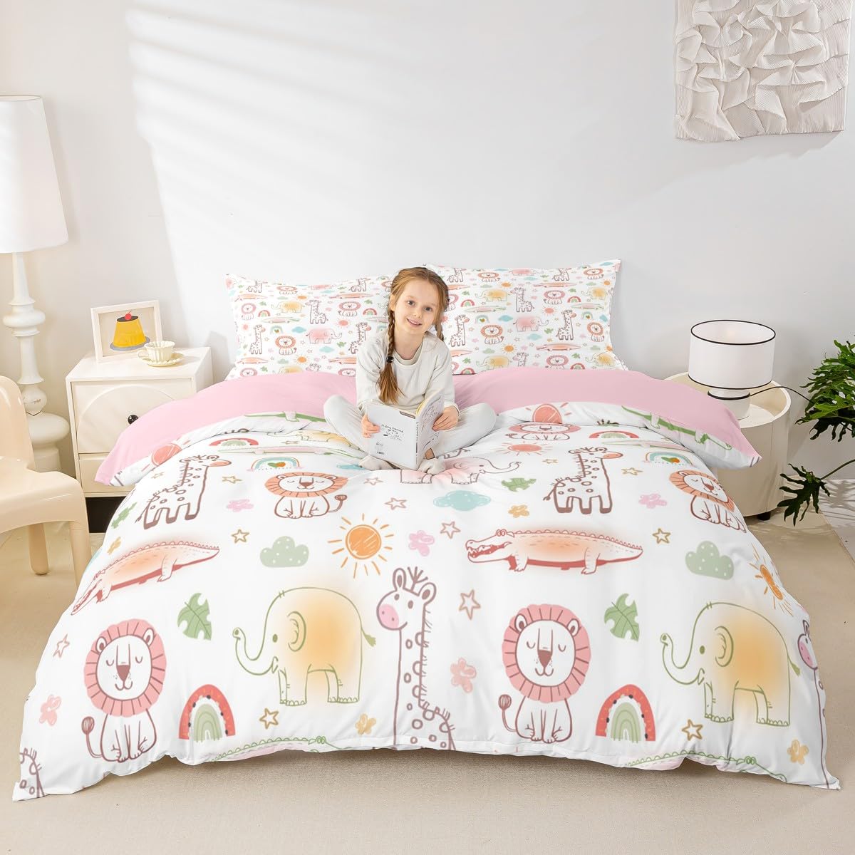 Cartoon Giraffe Duvet Cover Set King Size,Lion Elephant Wild Animals Bedding Set 3pcs for Bedroom Decor,Leaves Rainbow Print Kids Bedding,White Pink Quilt Cover with 2 Pillowcases,Not Comforter