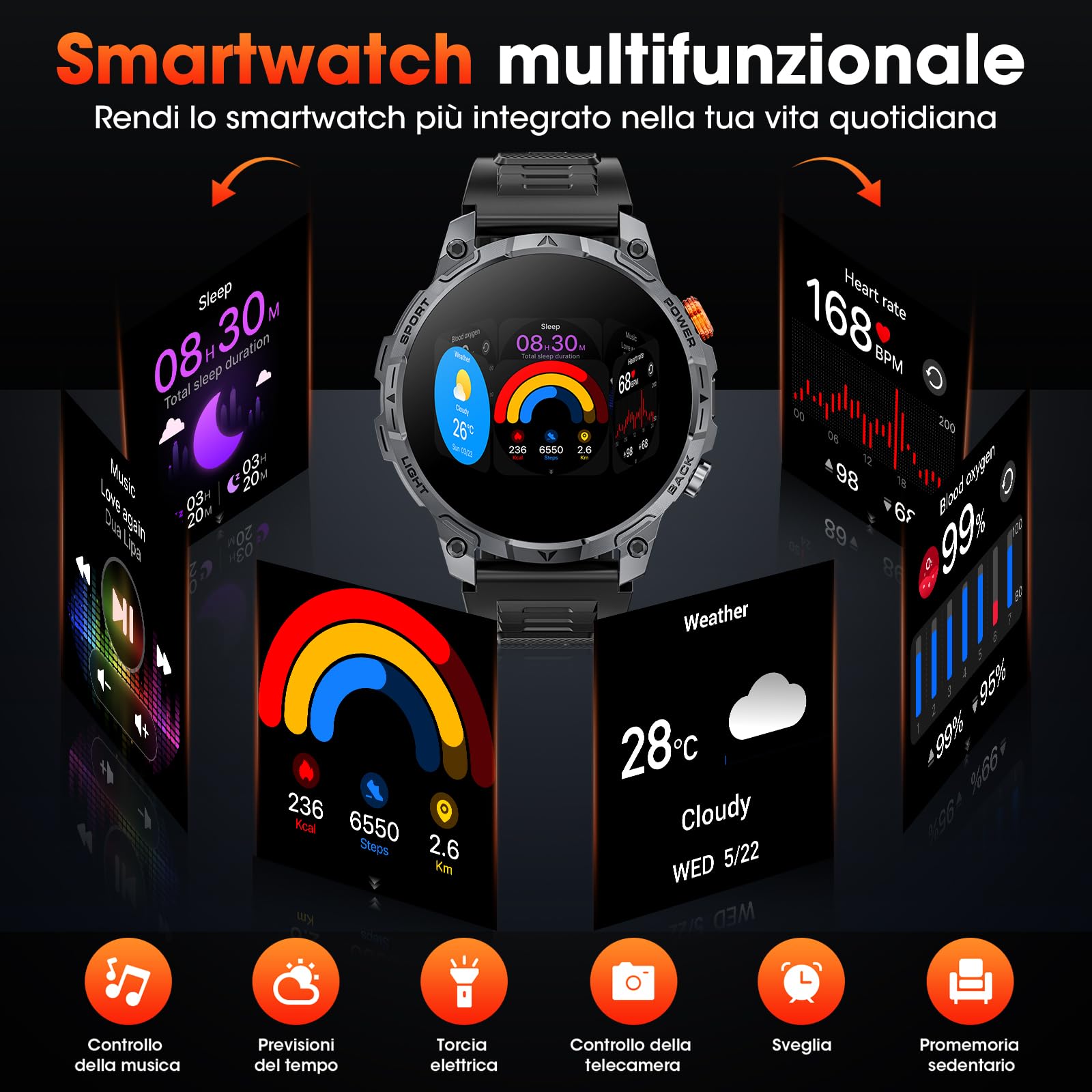 Smartwatch Uomo Militare,1000mAh Batteria 100 Giorni,1.75''HD Orologio uomo con Chiamate,Tracker Attività con 100+ Modalità Sportive,IP68 Impermeabile,Torcia,Cardiofrequenzimetro,SpO2 per Android iOS