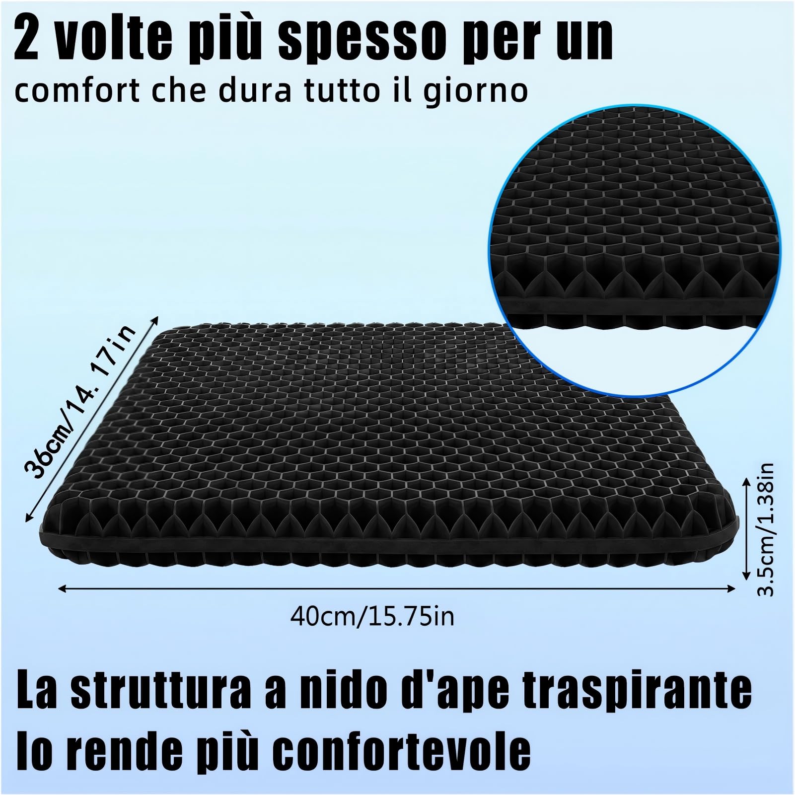 Cuscino per Sedia da Ufficio,Cuscino in Gel,Cuscino Antidecubito,a Nido d’ape-Antiscivolo,Traspirante e con Fodera Rimovibile,Adatto per Sedie da Ufficio,Sedili Auto e Sedie da Casa (nero, 40*36*3.5)