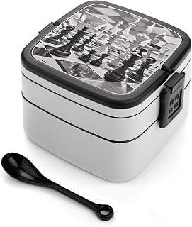 Bento Box Adult Lunch Box All-in-One Stackable Leakproof Lunch Containers with Compartments Double Layer Leak-Proof Black And White Chess Lunch Boxes for Women Men Office Work Picnic