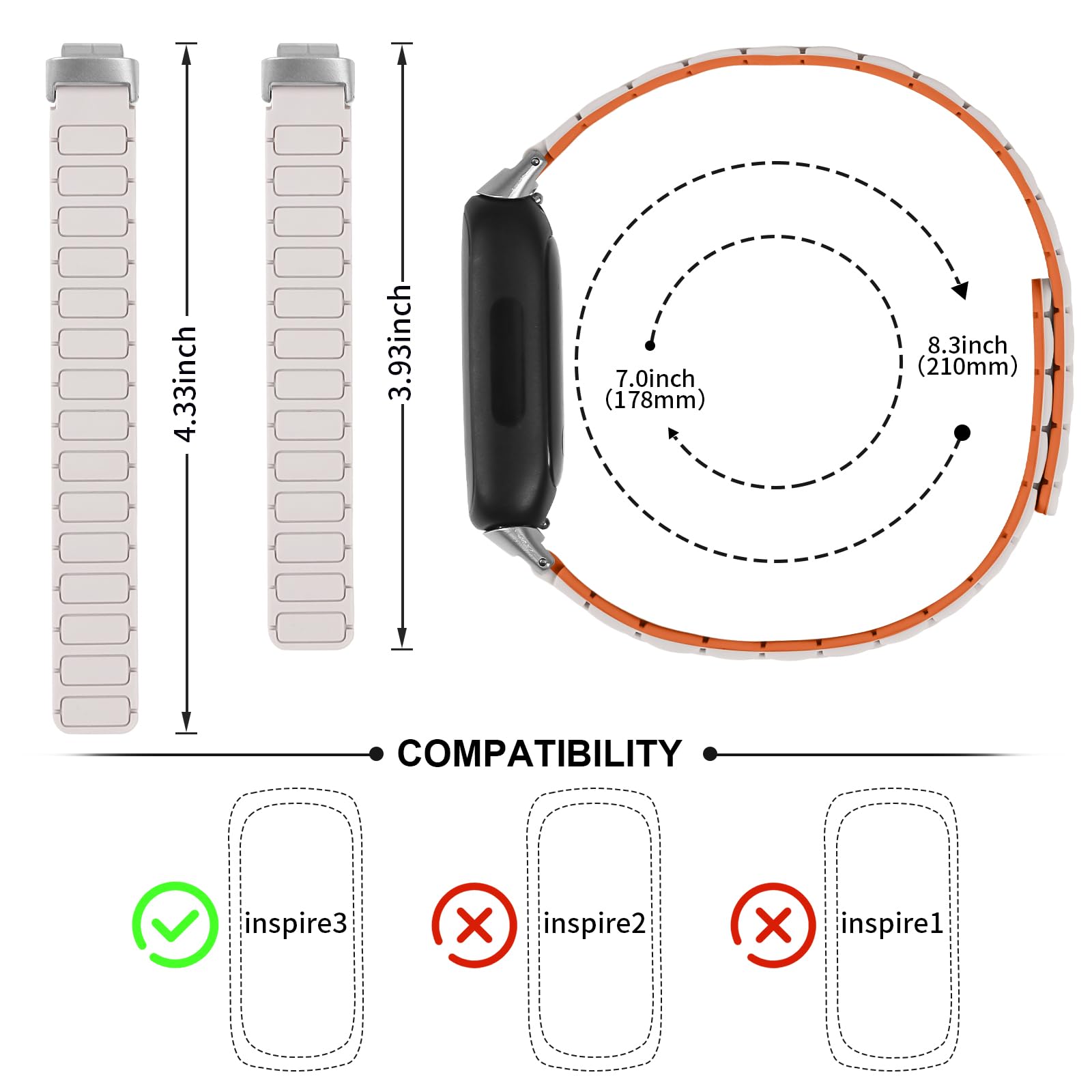 Limque Magnetic Watchband Compatible with Fitbit Inspire 3, Adjustable Sport Silicone Strap for Women & Men, Strong Magnet Link Replacement Wristband for Fitbit Inspire Fitness Tracker (Starlight Orange)