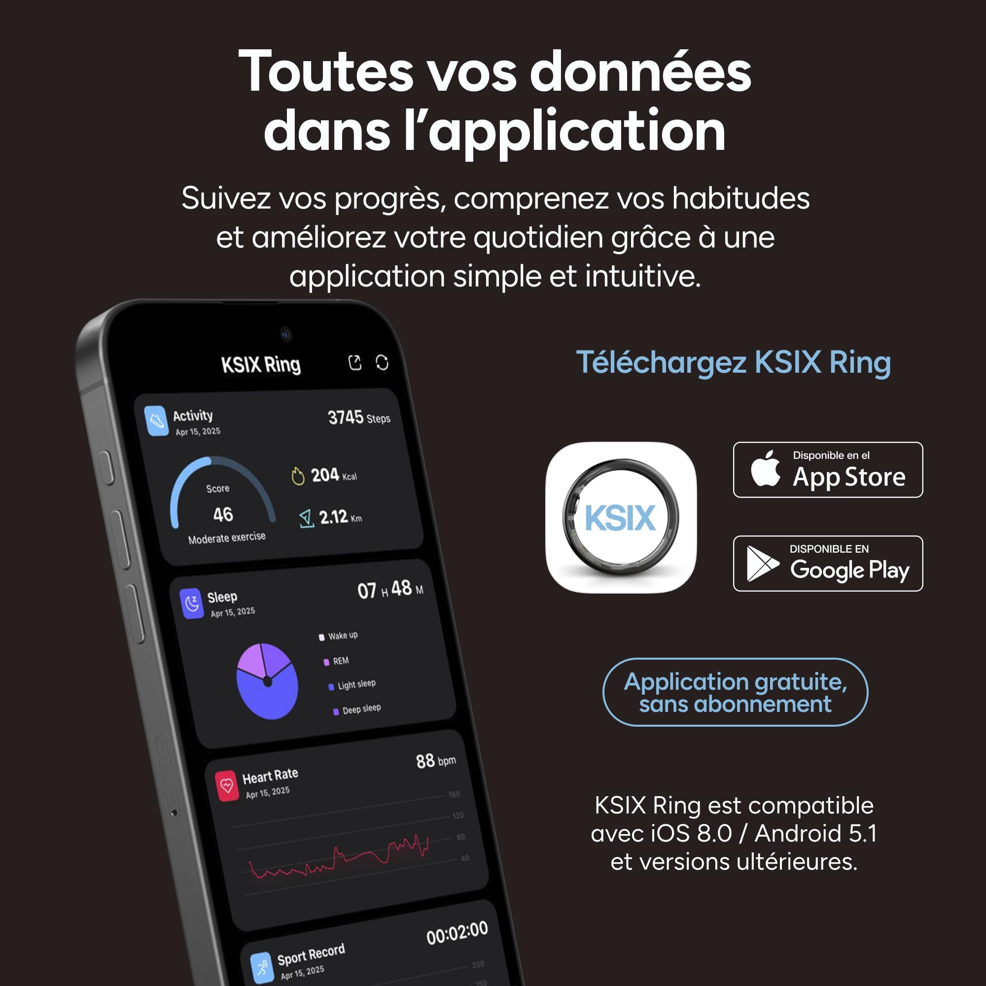 KSIX Bracelet connecté Vitalis sans écran, bracelet minimaliste avec moniteur de fréquence cardiaque, oxygène, température, sommeil et stress, étanche jusqu'à 5 ATM, autonomie de 30 jours, 2 bracelets