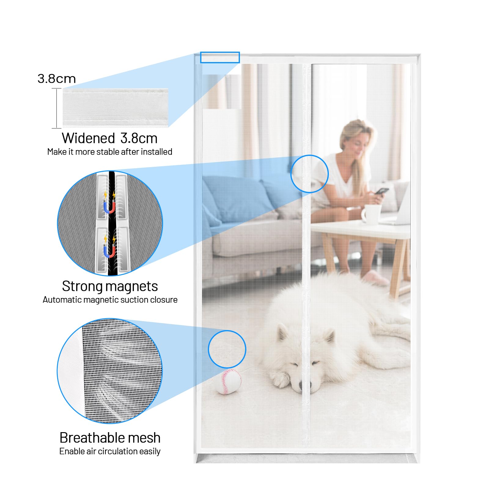 Zanzariera Magnetica per Porte, 100 x 200 CM - Bianco Rete Fine, Tenda Totalmente Magnetiche,si Chiude da Sola, Zanzariera Porta Finestra Larghezza Superiore Aumentare a 3,8 CM