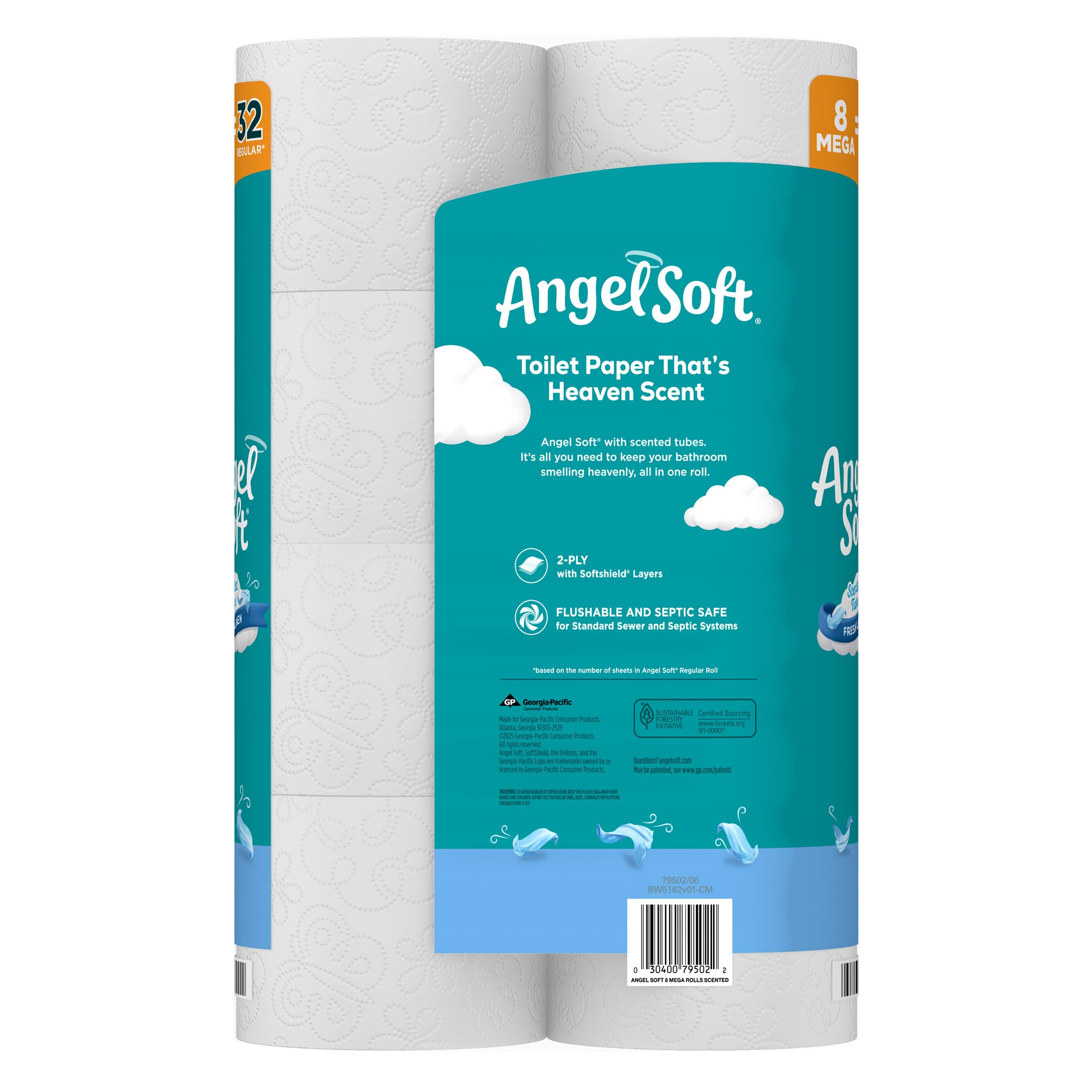 Angel Soft Carta igienica con tubo profumato fresco lino, 8 rotoli mega = 32 rotoli normali, carta igienica morbida e resistente